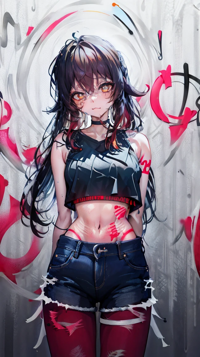 Ear stove|Genshin Effects, master-piece, bestquality, 1girls,20 age, Double tail hairstyle, proportional body, Long Jeans, crop top, ,bara, (Graffiti:1.5), Splash with purple lightning pattern., arm behind back, against wall, View viewers from the front., Head tilt,