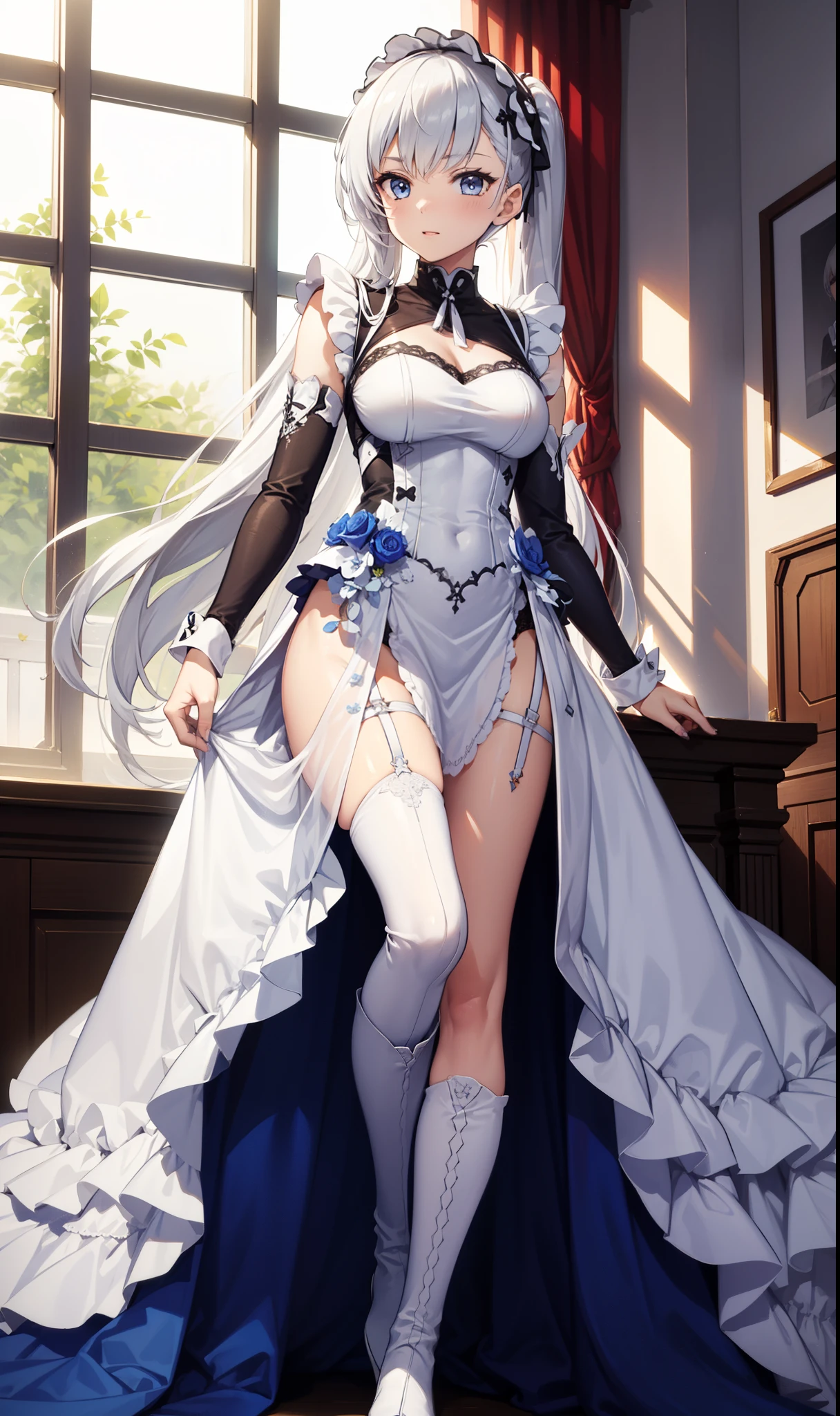 Elf woman, long silver hair, silky and shiny, bright and detailed blue eyes, bursting breasts, fleshy and red laboratory, pointed elf ears, flowers in hair detailed, dress made of green leaves, white lace stockings, heisi, siwa, detailed, high resolution, HD 4K 8K, full body