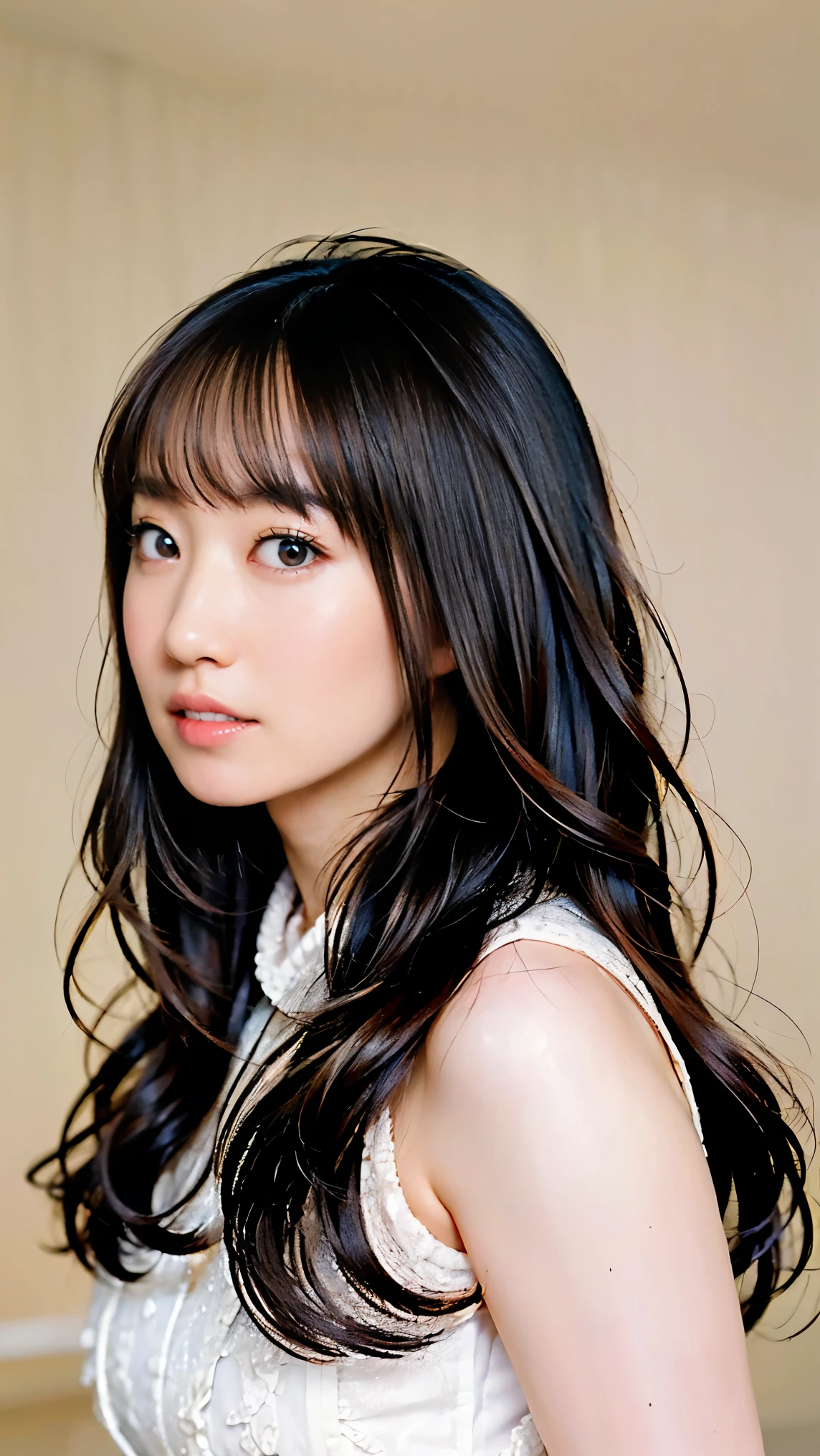 japanese girl,30 old,(bangs,long hair ),(middle bast:1.5),highly detailed eyes, (white skin:1.1,heavy makeup), highest quality, Super detailed,from behind view