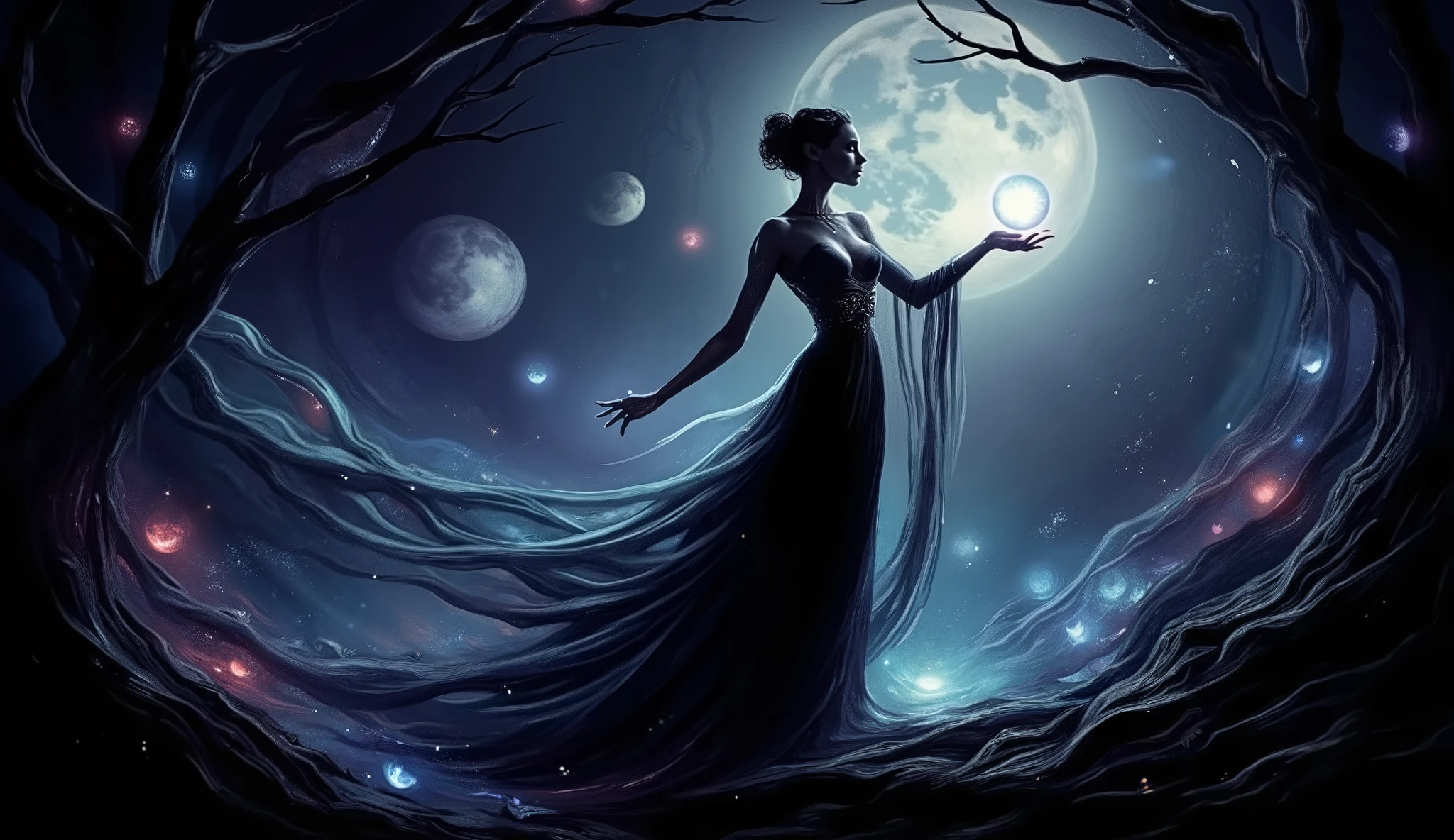 a mystical scene featuring a woman dressed in a flowing black gown, gracefully standing with her arm outstretched. She holds a crystal ball that glows in the moonlight, enhancing the magical ambiance. Behind her, a large full moon illuminates the night sky, surrounded by several smaller moon phases, contributing to the ethereal atmosphere.
The setting includes gnarled trees, which add a sense of mystery and intrigue, contrasting with the serene expression of the woman. The flowing fabric of her gown appears to dance with the night breeze, creating a dynamic, enchanting visual. Overall, the artwork conveys themes of enchantment, connection with nature, and the mysteries of the night. Dramatic lights