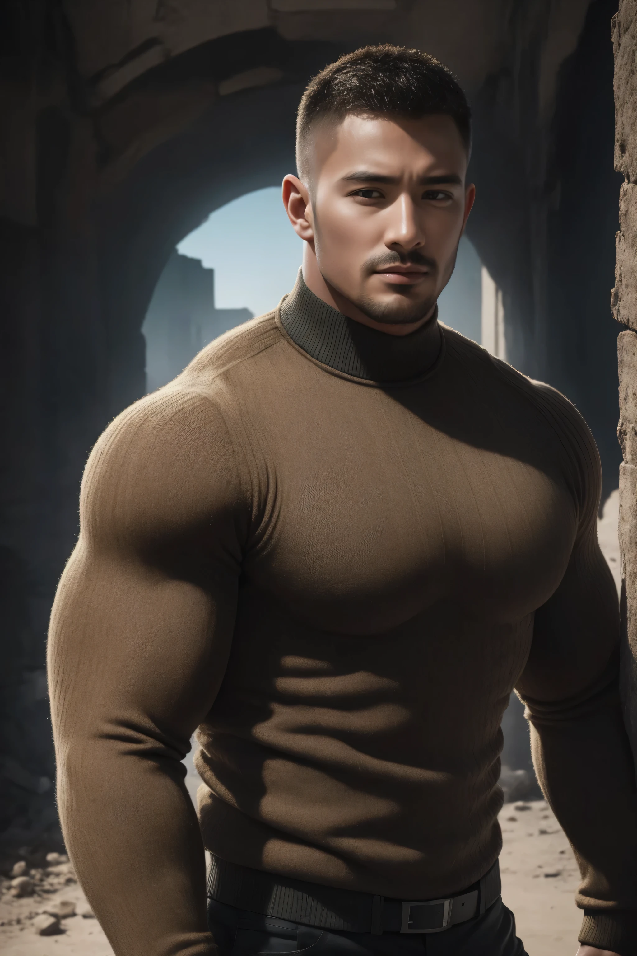 1个 muscular man, buzz cut,Ruins in an abandoned city, Wear a long sleeve high neck body contouring bodysuit for men, Soft and waxy texture of the sweater,He has a sad expression, Lift your chin, messy hair, thick thighs , Wear a long sleeve high neck body contouring bodysuit for men, Soft and waxy texture of the sweater,, Very tight, Regular symmetrical pattern, High Aimslight muscles, 警服裤, character concept (buzz cut Chris Redfield) proud expression, Deep charming eyes, Heroic male pose, tall Burly, Muscular ! Muscular thighs, Tough Guy, Perfect facial features, High Aims, Burly, Heqiang, Super exquisite and cool, High Aims Resolution Committee, Extraordinary Charm , The sun is strong, is dazzling