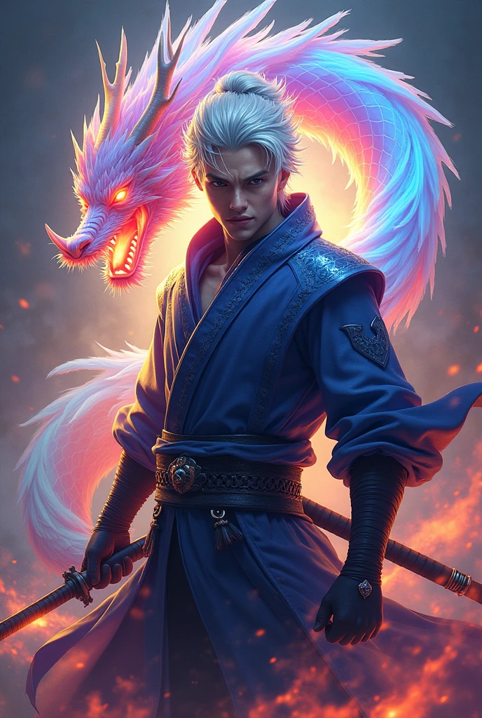 Blindfolded man，fansty world，coliseum background，Clean design，Epic Instagram，artstation，，contours，Hyper-detailed intricate details，unreal-engine，fanciful，Complicated details，splash image，complementary colours，fantasy concept art，8K分辨率，A masterpiece of deviantart，oil painted，Heavy strokes，paint drips，，Rainbow skins，(((A handsome young))), ((teenage:1.5)), (Glowing red eyes), ((Eyes have light))，((((Short gray hair:1.1))), ((black-clad)), (prinz\\(Indifferent expression\\),, (((Wear a luxurious dragon robe with high details))), A head of white hair，(chest muscle)（There is a red flame tattoo on the neck） --auto --v 6