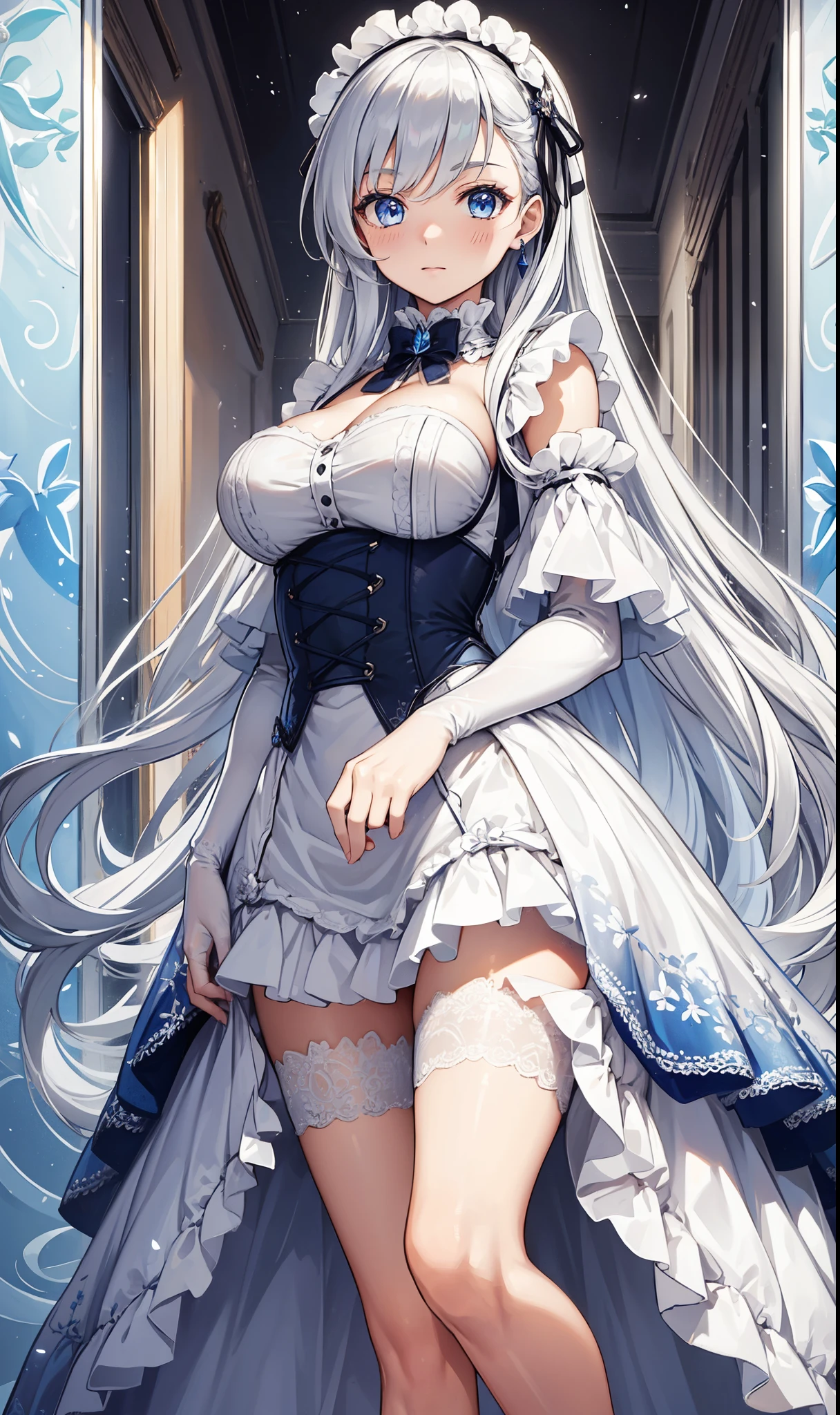 goddess,obsessed, Have Fun ,in love,( white transparent maid uniform, wearing a long dress ),Silver Hair, blue eyes, Transparent Clothing , beautiful hair accessories , transparent lace ,Sky blue pattern,night,Dress nicely,bedroom,Lonely,night, carved suspenders , beautiful face