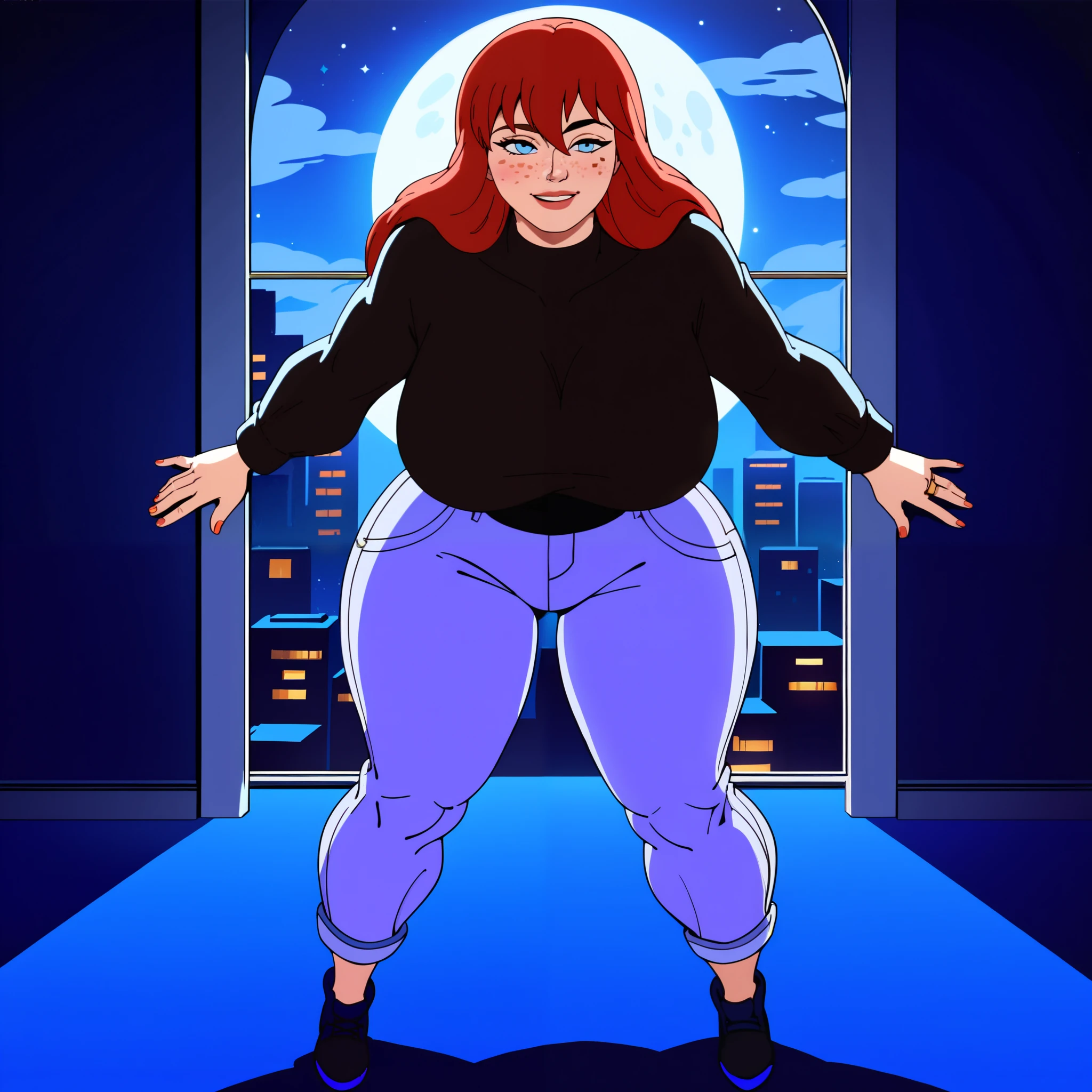 score_9, score_8_up, score_7_up, score_6_up, score_5_up, score_4_up, BREAK, 1girl, MJ, freckles arcoss face, blue eyes, dark red hair, long sleeve black shirt, dark blue long jeans, blue black shoes, long straight hair, 1girl, ((huge breasts, huge butt, thick thighs, curvy hips)), full body view, front view, highly detailed, masterpiece, standing, seductive smile, inside new york apartment background, dark blue walls, blue carpet, at night, moon shining down through window.
