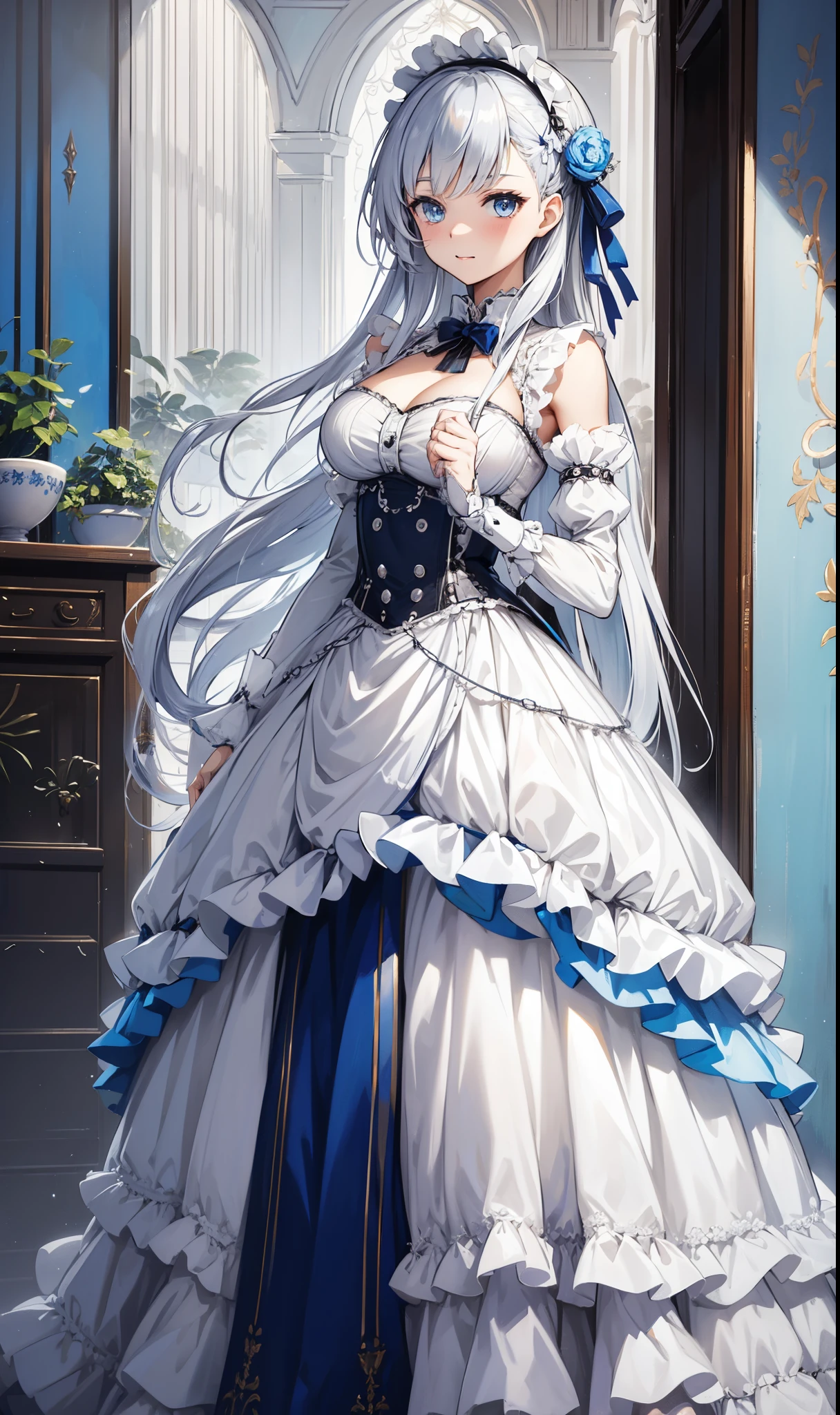 goddess，obsessed， Have Fun ，in love，( white transparent maid uniform， wearing a long dress )，Silver Hair， blue eyes， Transparent Clothing ， beautiful hair accessories ， transparent lace ，Sky blue pattern，night，Dress nicely，bedroom，Lonely，night， carved suspenders ， beautiful face