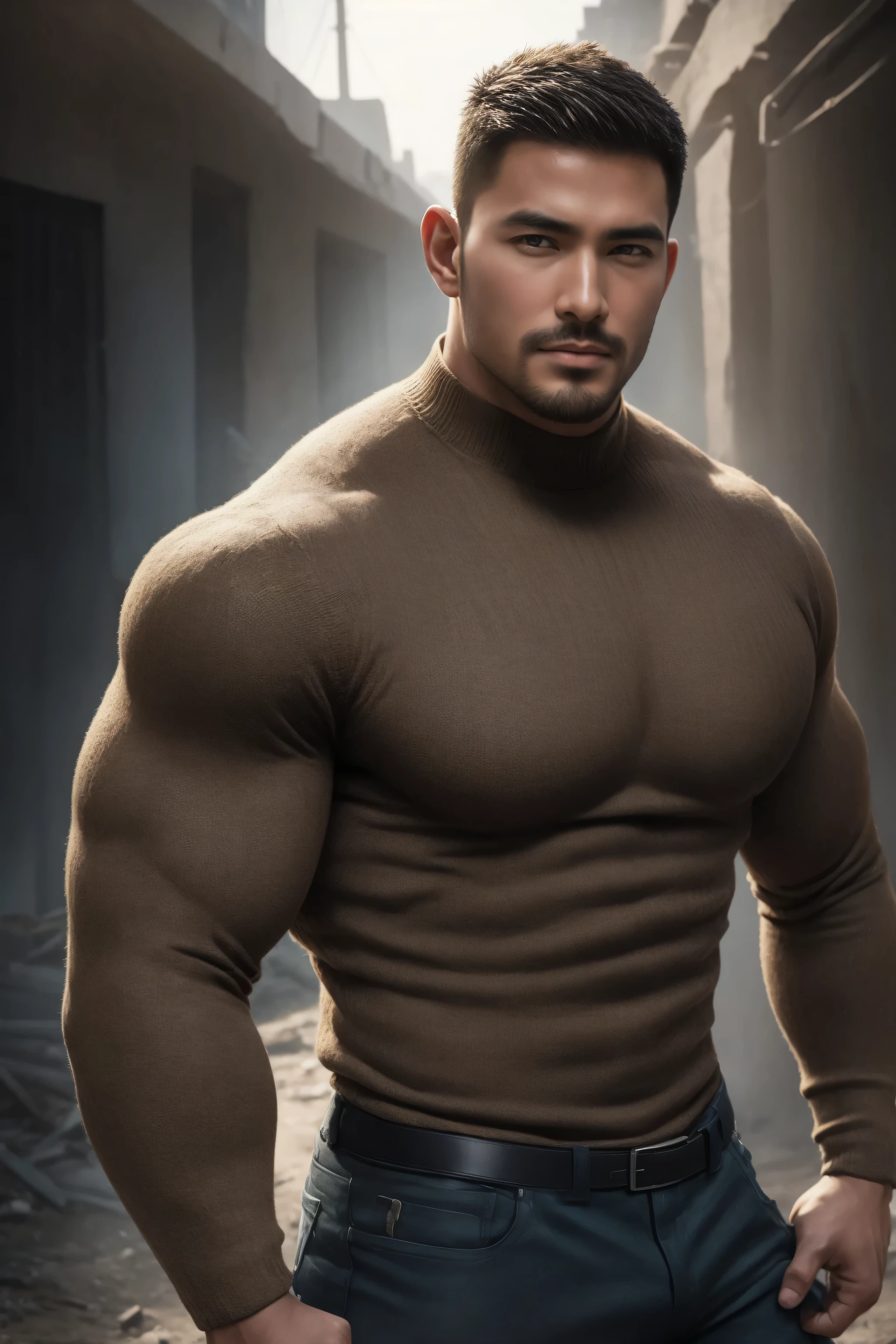 1个 muscular man,  buzz cut，Ruins in an abandoned city， Wear a long sleeve high neck body contouring bodysuit for men, Soft and waxy texture of the sweater，He has a sad expression， Lift your chin,  messy hair,   thick thighs  , Wear a long sleeve high neck body contouring bodysuit for men, Soft and waxy texture of the sweater，, Very tight, Regular symmetrical pattern, High Aimslight muscles, 警服裤,  character concept （buzz cut Chris Redfield） proud expression,  Deep charming eyes, Heroic male pose, tall Burly,  Muscular ！ Muscular  thighs, Tough Guy, Perfect facial features, High Aims, Burly, Heqiang, Super exquisite and cool, High Aims Resolution Committee, Extraordinary Charm ,  The warm sun shines on his body，Make the texture of the clothes more perfect 