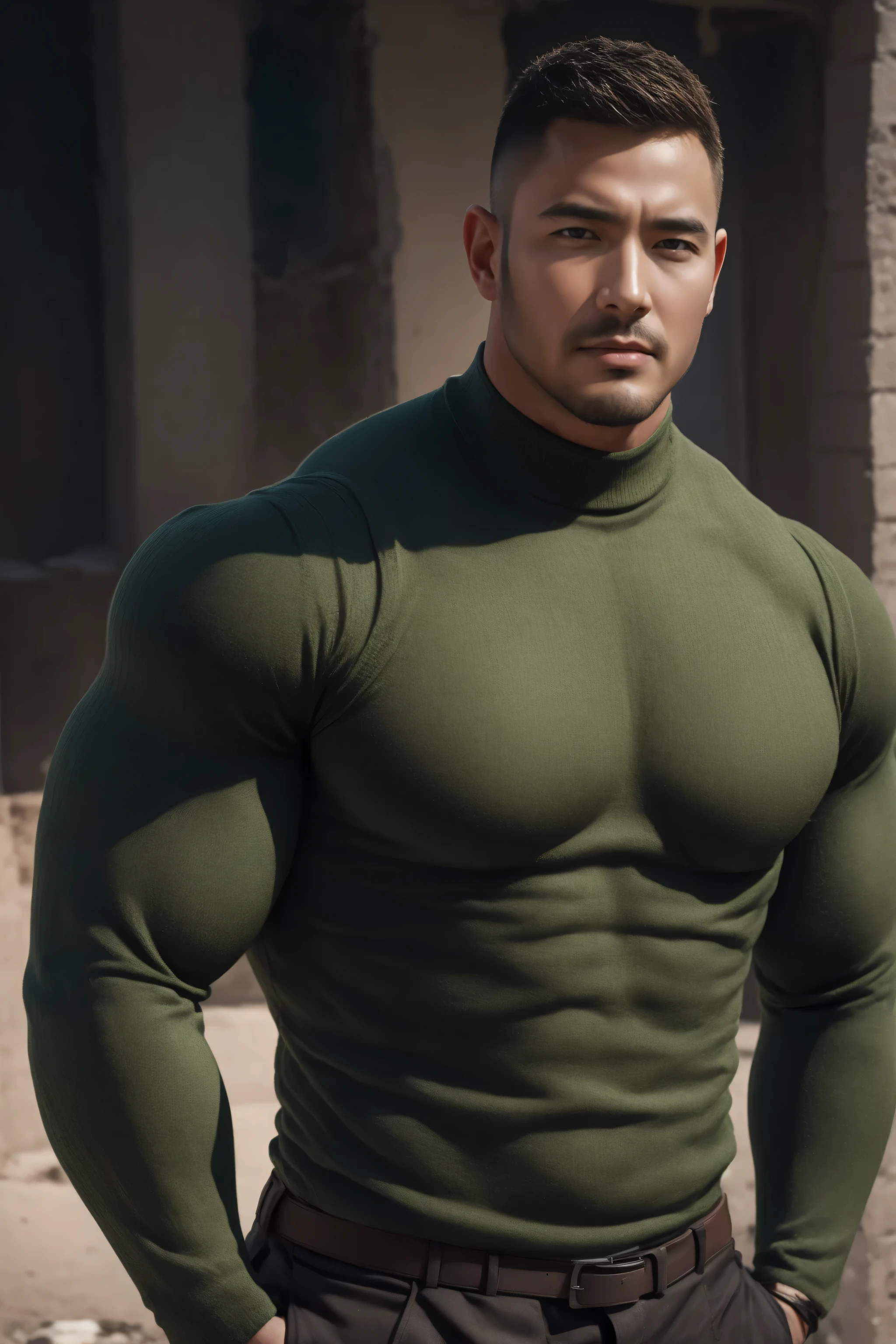 a very handsome man, massively muscular, with massively large muscles, with massively large biceps, with massively large arms, wearing a simple light green sweatshirt with long sleeves, standing next to a tree at night