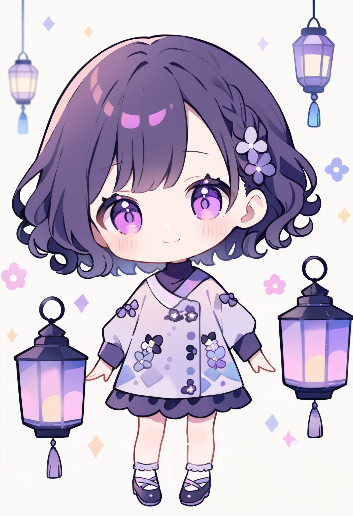 girl, 1 person, chibi, pastel color , smile、 Lantern, short hair , curly hair, black and purple turtleneck 、 Long Sleeve 、glass、 stand straight and face the front with curly hair and elbows shoes white background
