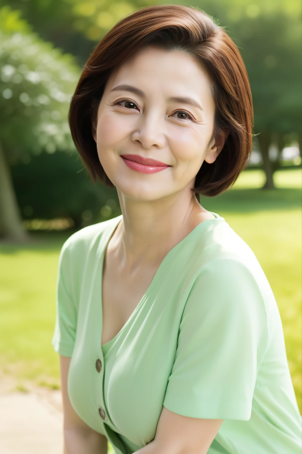 sitting on a park bench, Wrinkles around the eyes, Smiling with teeth showing, Plain short-sleeved clothing, senior citizen, Draw lips correctly, Red lipstick, No discomfort, 16K, Highest quality, Very detailed, Realistic, Very detailed肌, Japanese, alone, 60 years old, Large Breasts, , Glamour, sexy, , Staring straight ahead,