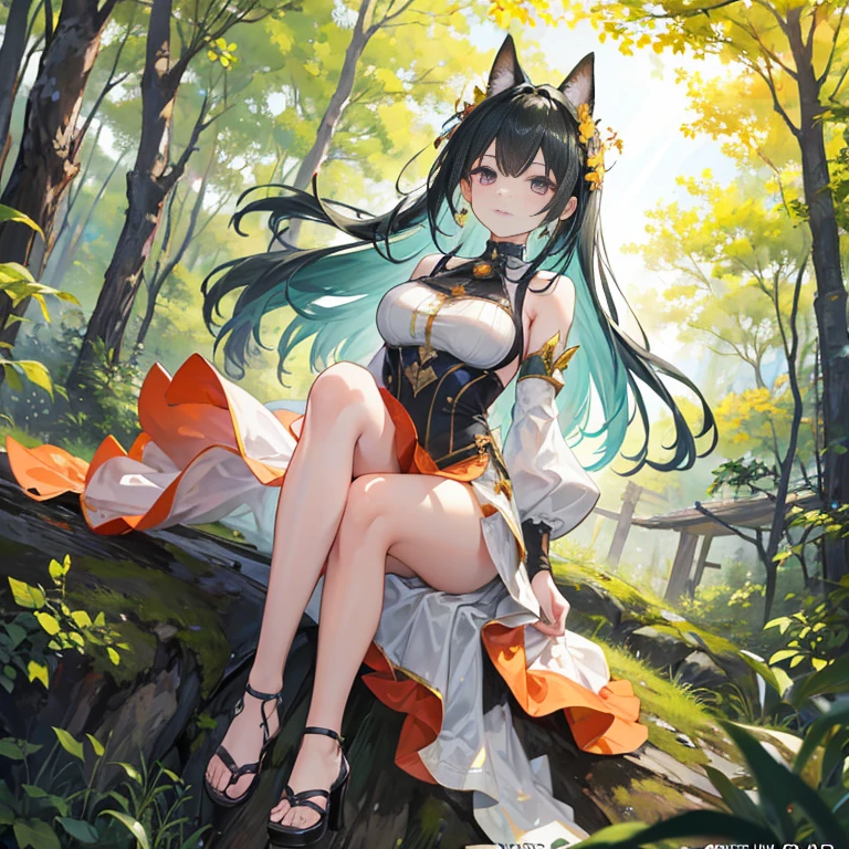 ((highest quality)),(ultra high resolution),(Super detailed),(detailed description),((best CG)),(best work of art),super precision art,amazing drawing art,(Fantasy art with precise details:1.5), (woman:1.6),(beautiful and well-shaped face:1.5),smile:1.7,(Clothes made of intricately detailed cloth:1.6,),(Sitting on a big rock:1.6),brook babbling:1.7,soft sunlight:1.8,Birds and animals gathered together