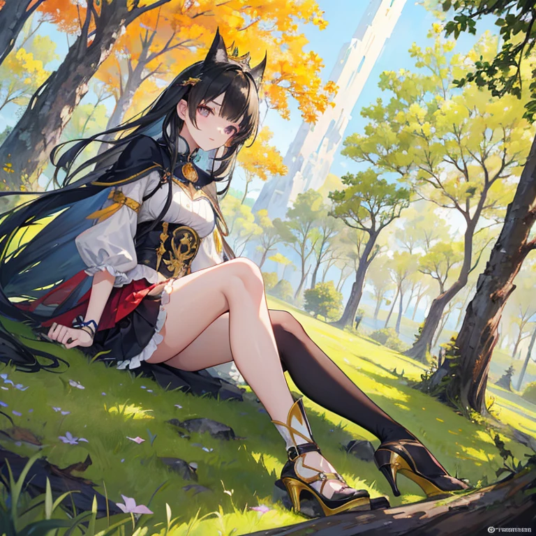A girl, under a big tree, with shoulder-length hair, wearing a yellow cheongsam, --auto --s2