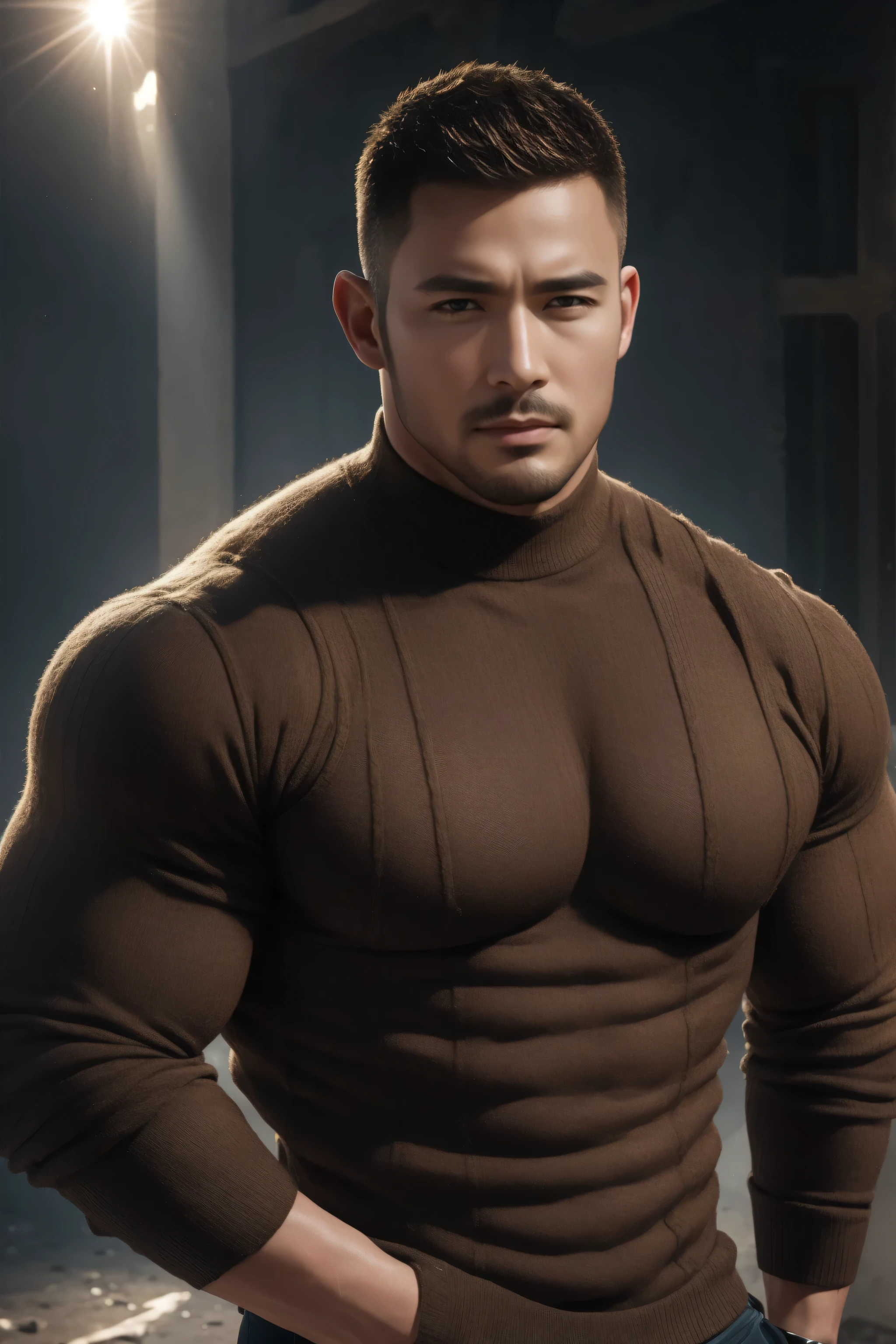 1个 muscular man, buzz cut,Ruins in an abandoned city, Wear a dark brown long-sleeved high-neck men's body contouring bodysuit, Soft and waxy texture of the sweater,He has a sad expression, Lift your chin, messy hair, thick thighs , Wear a long sleeve high neck body contouring bodysuit for men, Soft and waxy texture of the sweater,, Very tight, Regular symmetrical pattern, High Aimslight muscles, 警服裤, character concept (buzz cut Chris Redfield) proud expression, Deep charming eyes, Heroic male pose, tall Burly, Muscular ! Muscular thighs, Tough Guy, Perfect facial features, High Aims, Burly, Heqiang, Super exquisite and cool, High Aims Resolution Committee, Extraordinary Charm , The warm sun shines on his body,Make the texture of the clothes more perfect