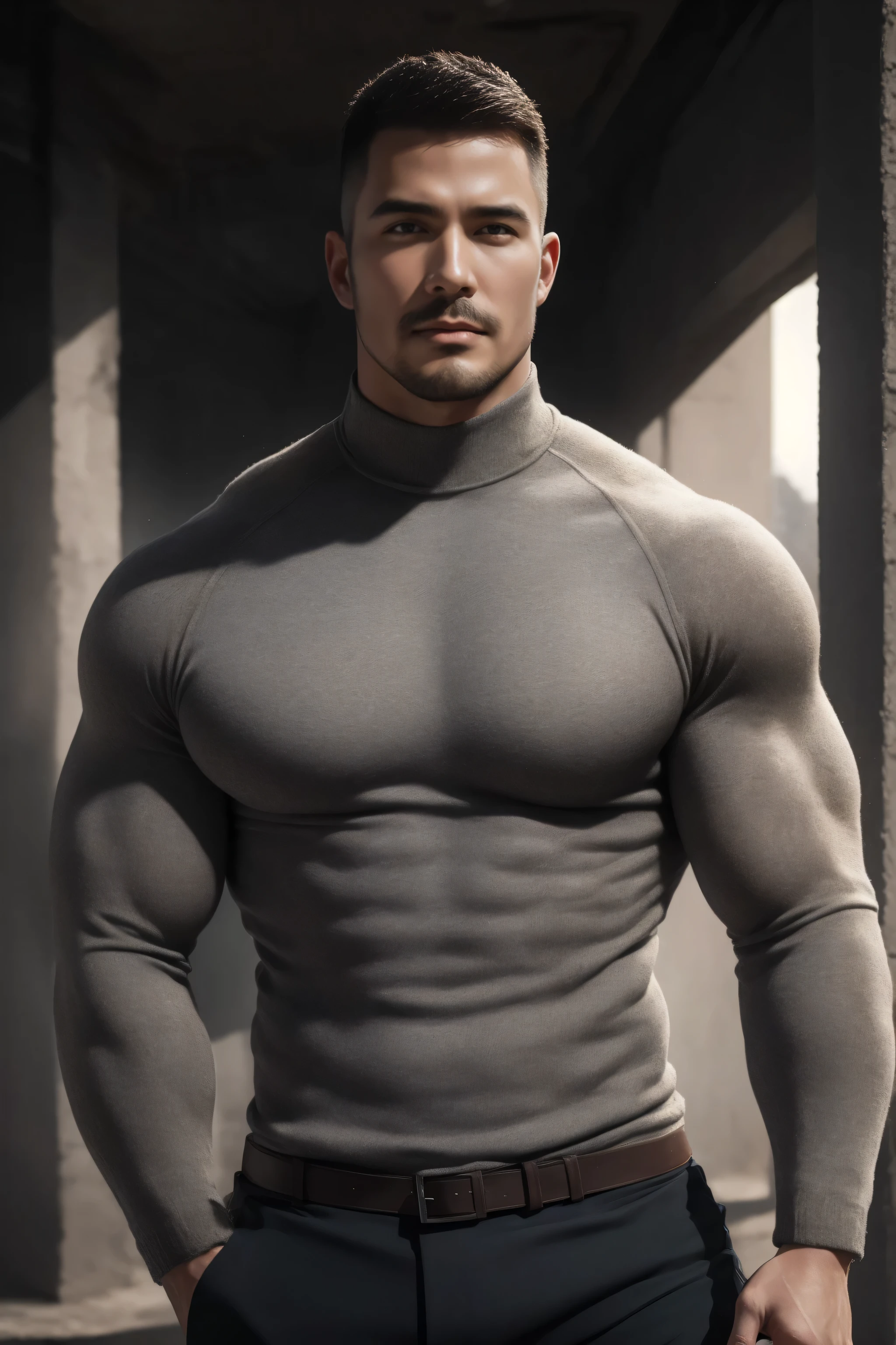 1个 muscular man, buzz cut,Ruins in an abandoned city, Wear a light grey long sleeve high neck body contouring bodysuit for men, Soft and waxy texture of the sweater,He has a sad expression, Lift your chin, messy hair, thick thighs , Wear a long sleeve high neck body contouring bodysuit for men, Soft and waxy texture of the sweater,, Very tight, Regular symmetrical pattern, High Aimslight muscles, 警服裤, character concept (buzz cut Chris Redfield) proud expression, Deep charming eyes, Heroic male pose, tall Burly, Muscular ! Muscular thighs, Tough Guy, Perfect facial features, High Aims, Burly, Heqiang, Super exquisite and cool, High Aims Resolution Committee, Extraordinary Charm , The warm sun shines on his body,Make the texture of the clothes more perfect