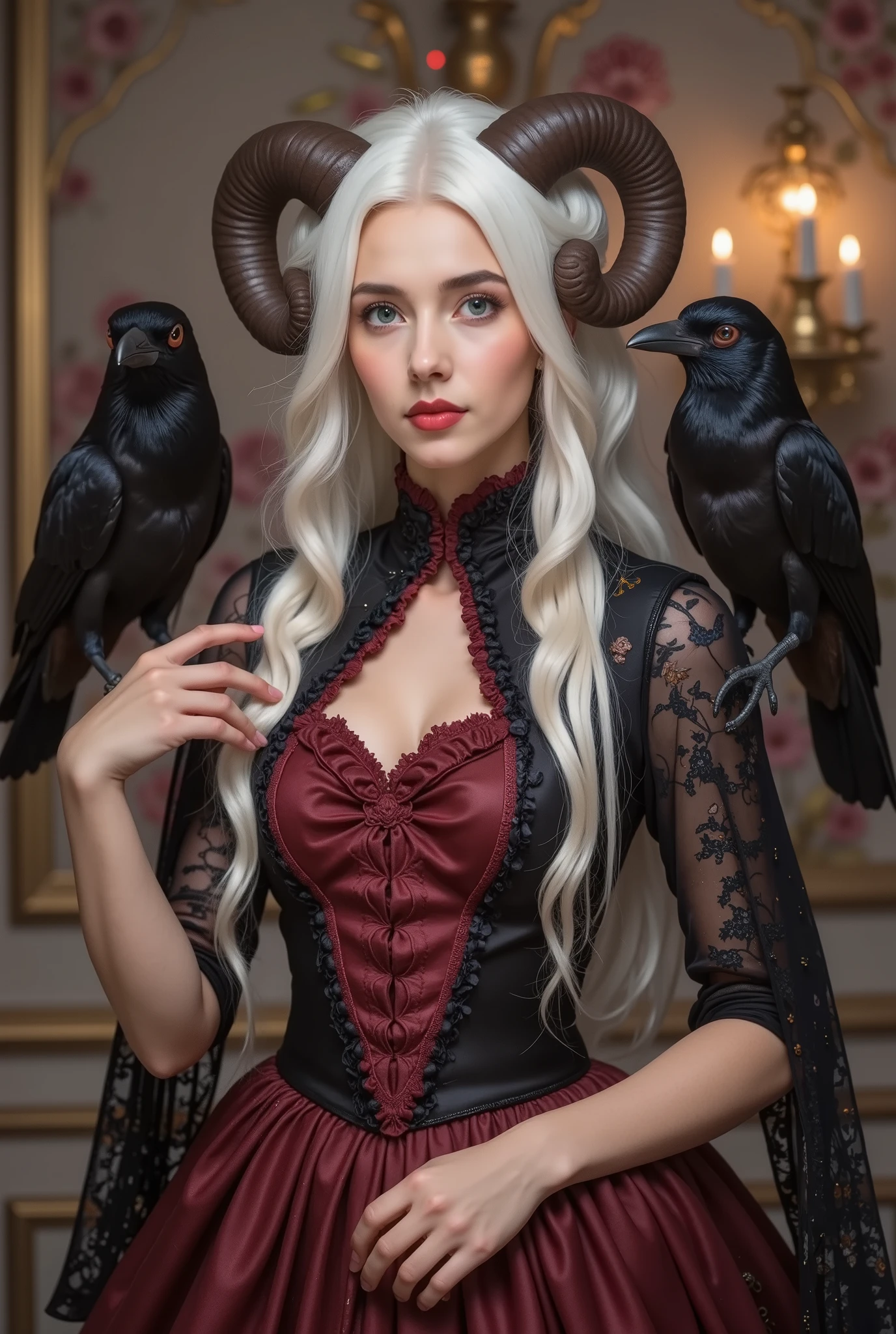 A 19 year old Russian woman with a round, youthful face, luminous large green eyes looking away from the camera,long voluminous white hair and black ram horns, black and burgundy Victorian style dress, with crows perched on her shoulders and a vogue pose. dramatic rim lighting, Victorian wallpaper background, high contrast, 35mm lens
