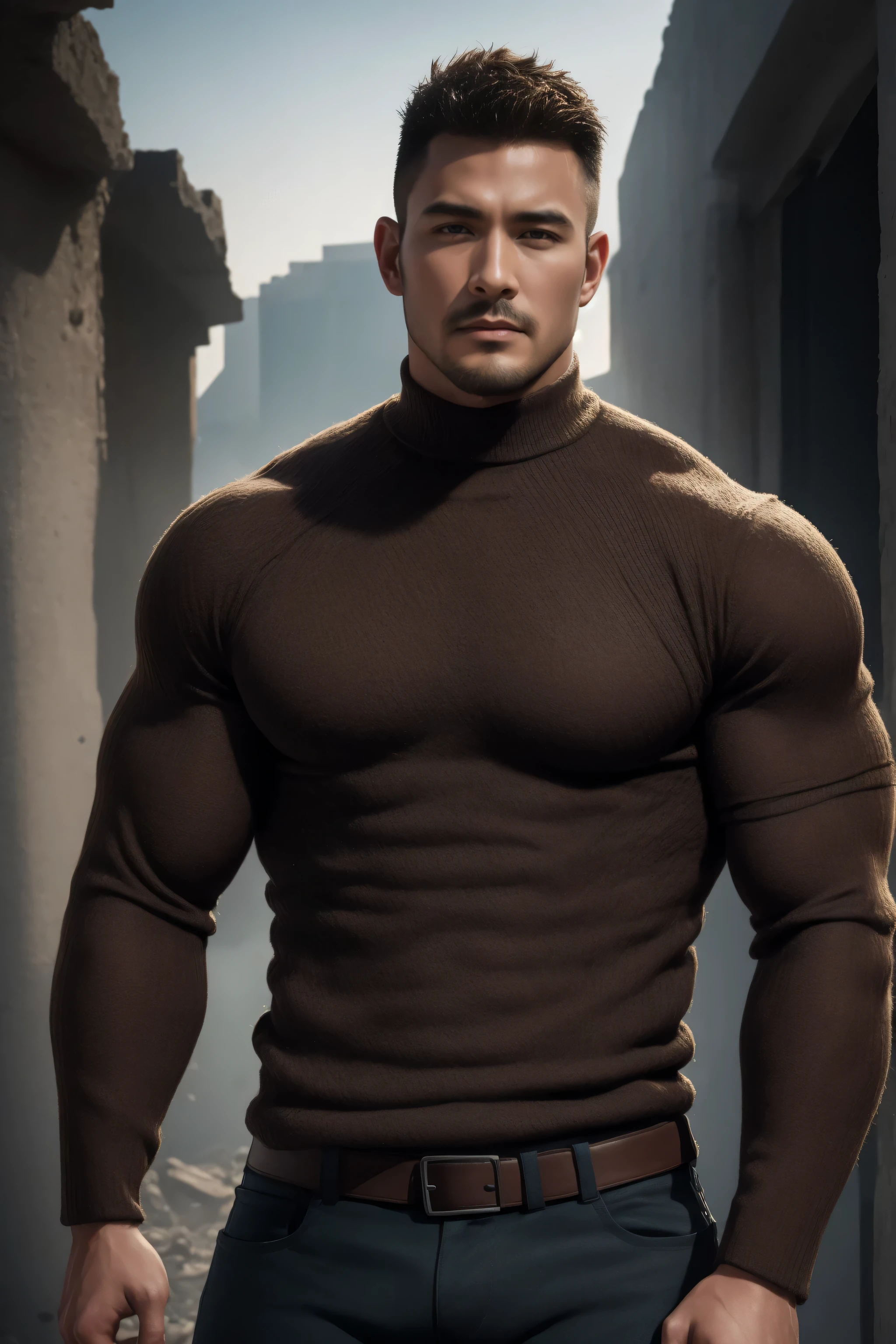 1个 muscular man,  buzz cut，Ruins in an abandoned city， Wear a dark brown long-sleeved high-neck men's body contouring bodysuit, Soft and waxy texture of the sweater，He has a sad expression， Lift your chin,  messy hair,   thick thighs  , Wear a long sleeve high neck body contouring bodysuit for men, Soft and waxy texture of the sweater，, Very tight, Regular symmetrical pattern, High Aimslight muscles, 警服裤,  character concept （buzz cut Chris Redfield） proud expression,  Deep charming eyes, Heroic male pose, tall Burly,  Muscular ！ Muscular  thighs, Tough Guy, Perfect facial features, High Aims, Burly, Heqiang, Super exquisite and cool, High Aims Resolution Committee, Extraordinary Charm ,  The warm sun shines on his body，Make the texture of the clothes more perfect 