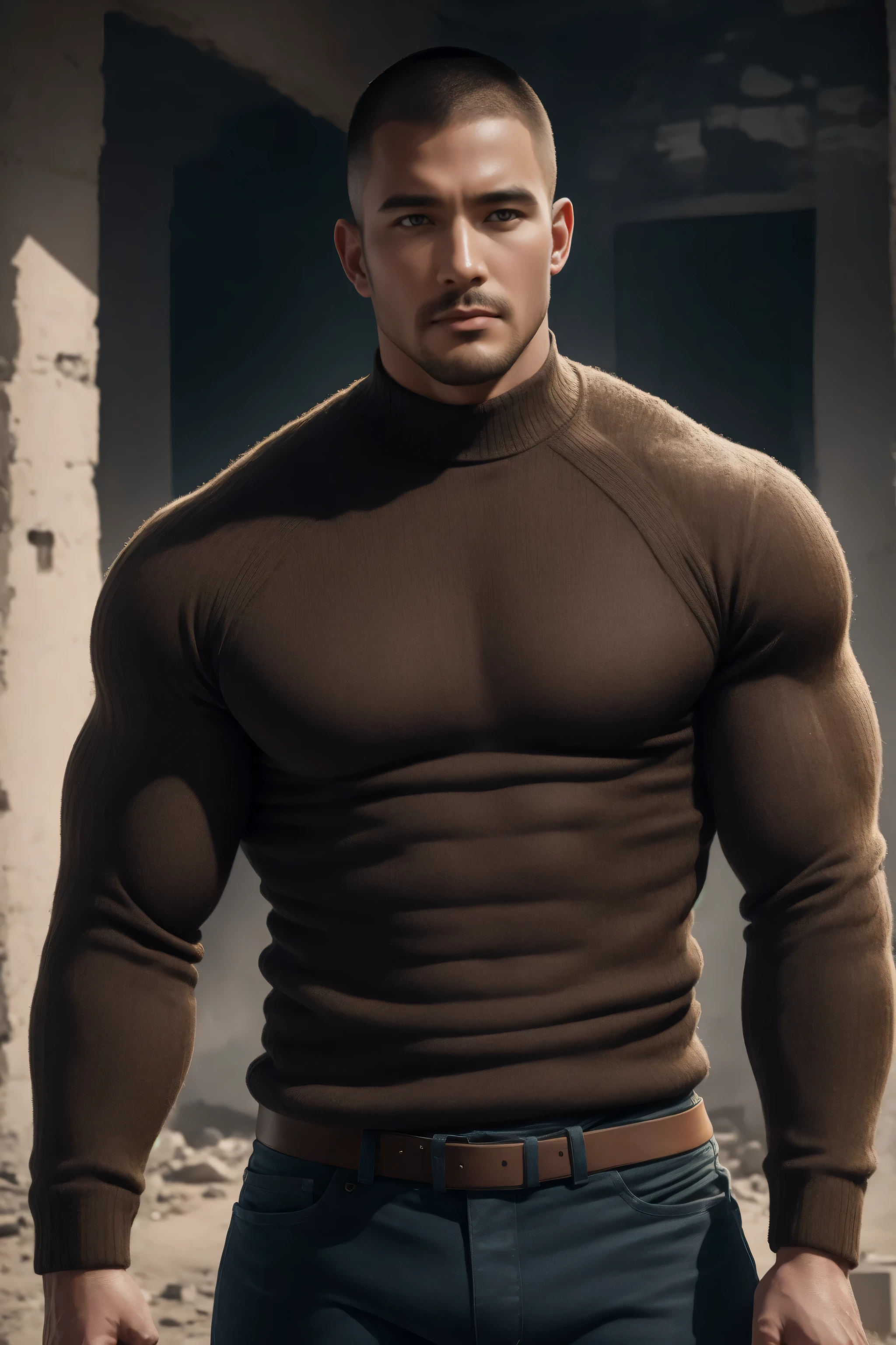 1个 muscular man, buzz cut,Ruins in an abandoned city, Wear a milky white long sleeve high neck body contouring bodysuit for men, Soft and waxy texture of the sweater,He has a sad expression, Lift your chin, messy hair, thick thighs , Wear a long sleeve high neck body contouring bodysuit for men, Soft and waxy texture of the sweater,, Very tight, Regular symmetrical pattern, High Aimslight muscles, 警服裤, character concept (buzz cut Chris Redfield) proud expression, Deep charming eyes, Heroic male pose, tall Burly, Muscular ! Muscular thighs, Tough Guy, Perfect facial features, High Aims, Burly, Heqiang, Super exquisite and cool, High Aims Resolution Committee, Extraordinary Charm , The warm sun shines on his body,Make the texture of the clothes more perfect