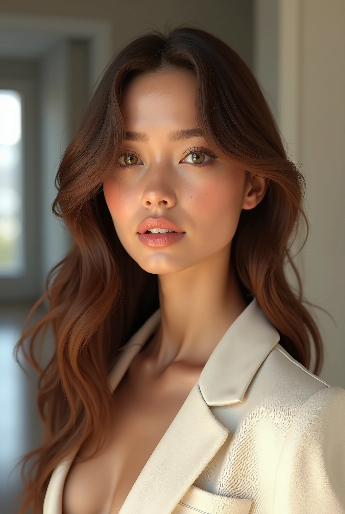 professional portrait photograph of (okuryl3nko:0.99), in high fashion clothing, beautiful face, cute natural makeup, wearing Victoria's Secret elegant suit, (turtleneck:1.1), (long trousers), ((walking on the runway)), fashion show, ultra realistic, concept art, elegant, highly detailed, intricate, sharp focus, depth of field, f/1. 8, 85mm, medium shot, mid shot, (centered image composition), (professionally color graded), ((bright soft diffused light)), volumetric fog, trending on instagram, trending on tumblr, hdr 4k, 8k, (waist chain), (closeup portrait:1.1), (smile512)