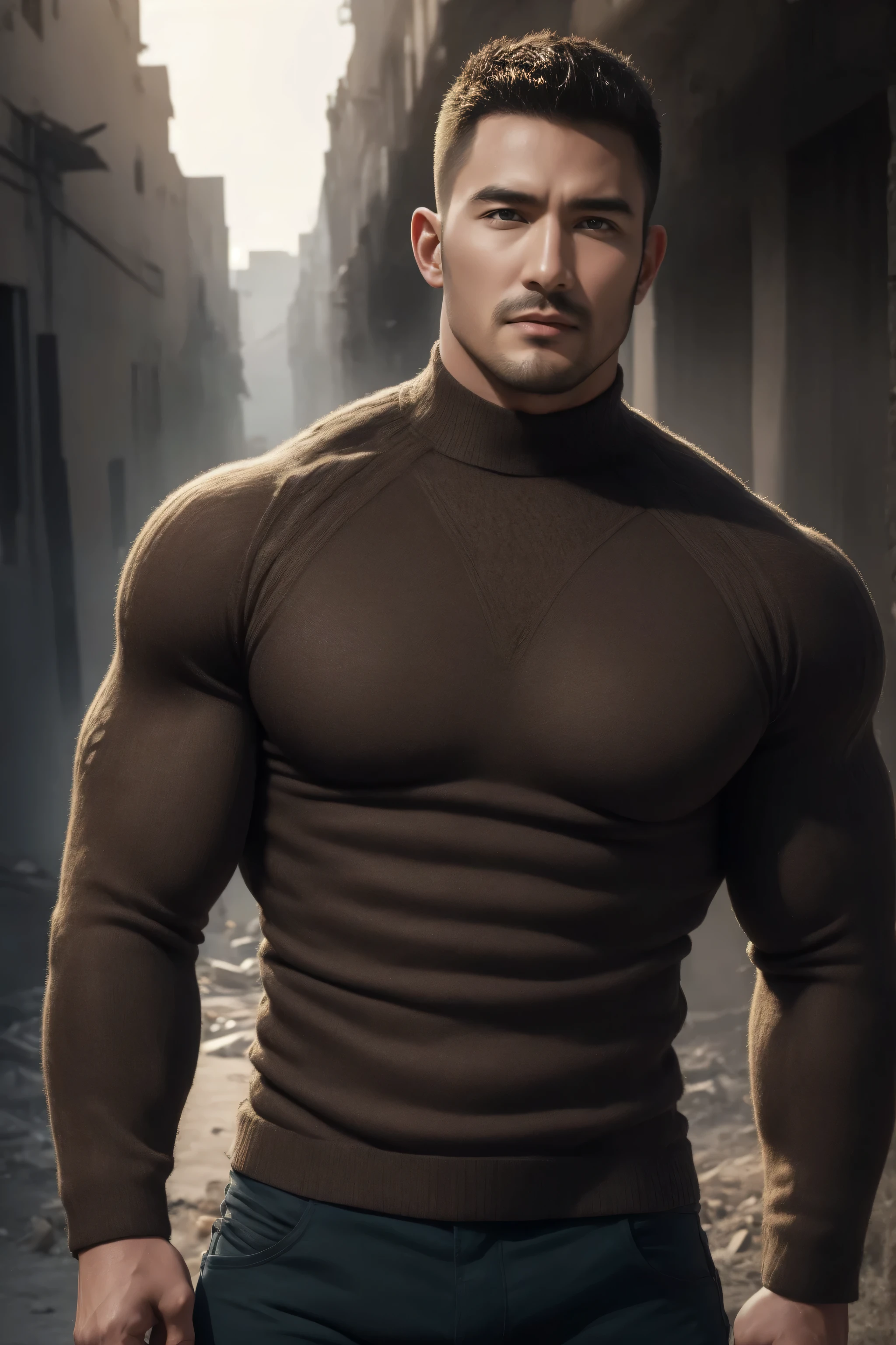 1个 muscular man, buzz cut,Ruins in an abandoned city, Wear a dark brown long-sleeved high-neck men's body contouring bodysuit, Soft and waxy texture of the sweater,He has a sad expression, Lift your chin, messy hair, thick thighs , Wear a long sleeve high neck body contouring bodysuit for men, Soft and waxy texture of the sweater,, Very tight, Regular symmetrical pattern, High Aimslight muscles, 警服裤, character concept (buzz cut Chris Redfield) proud expression, Deep charming eyes, Heroic male pose, tall Burly, Muscular ! Muscular thighs, Tough Guy, Perfect facial features, High Aims, Burly, Heqiang, Super exquisite and cool, High Aims Resolution Committee, Extraordinary Charm , The warm sun shines on his body,Make the texture of the clothes more perfect