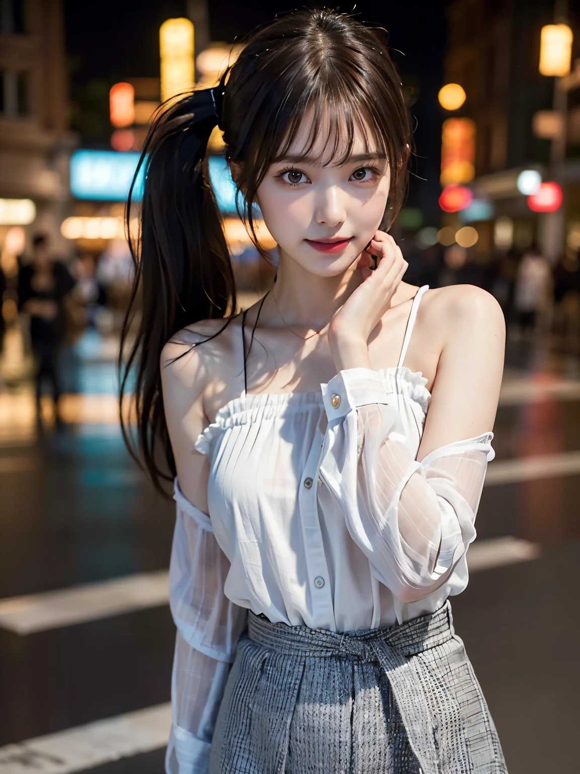 One Girl,(hires.fix:1.4)、(Loose fitting blouse:1.4),(Long skirt:1.3)、(RAW Photos, highest quality), (Realistic, Photorealistic:1.4), (My hair is messy, Asymmetrical bangs, Dark brown hair,ponytail:1.3),smile、 Very delicate and beautiful, Very detailed, 8k wallpaper, wonderful, In detail, Very detailedなCG Unity, High resolution, Soft Light, Beautifully detailed 19 year old girl, Very detailedな目と顔, Beautifully detailed nose, Beautiful fine details,Cinema Lighting,City lights at night,Perfect Anatomy,Slim body, large breasts