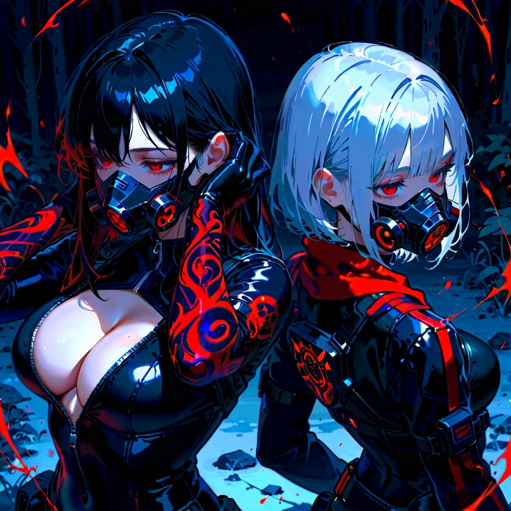 Back to back, multiple girls, 2 girls, Beautiful womans with skull tattoos all over the body, black hair, silver hair, long hair, medium hair, side lock, Respirator mask, half closed eyes, white breath, red eyes, shining eyes, large breasts, medium breasts, cleavage, zipper, bodysuit, arms up, hair tucking, gun holder, darkness, red aura, outdoor, different world, ethereal tattoos, ridiculously masterpiece, cold color, high contrast, absurdres extremely