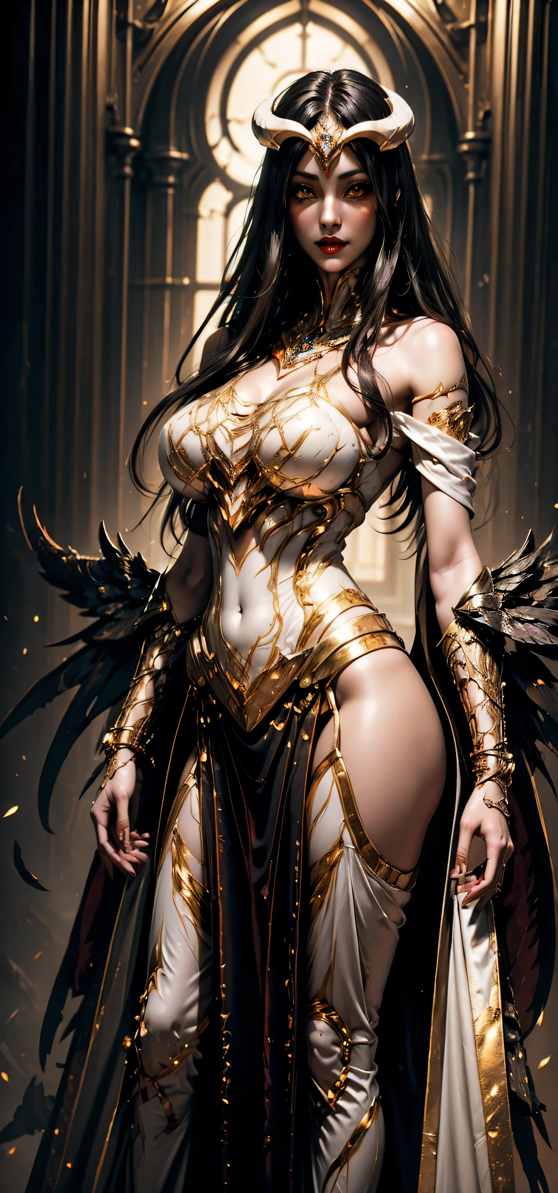 A (super realistic) beautiful sexy woman(albedo _overlord) with (glossy orange eyes) and white attire(detailed with perfect sharpness ) with gold jewellery on sexy breast, beautiful  breast(perfect shape and size), red lips, black long beautiful hair, hyper detailed black wings, eyes contact and face towards viewer (every thing with best detailing), sexy pose while standing straight with seducing smile on face in middle, wallpaper pose.