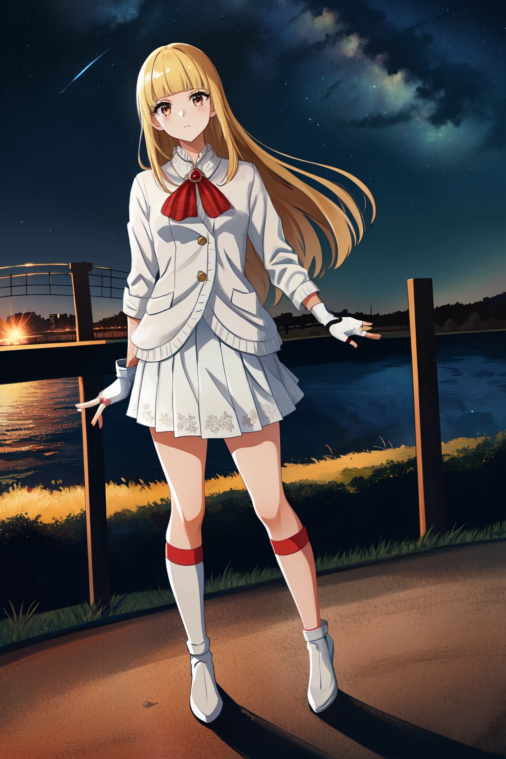 ( Masterpiece, top quality: 1.3), 1 girl, Alone, long hair, standing, skirt by humili, mid-length shoes, starry sky , night , I'm looking at the viewers, Medium Bust , Lili, ブロンド, blunt bangs ,Fingerless gloves