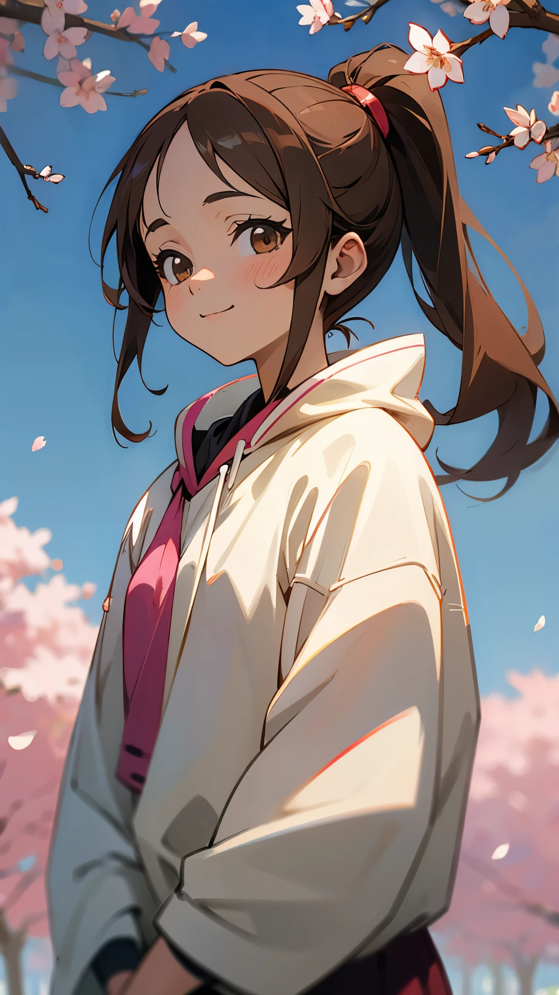 (( Masterpiece))、(( top quality))、( super detailed)、( pro pics)、( anime style painting:1.3)、 girl、 standing、poncho、 brown hair at the gym、 side ponytail、 brown eyes、 droopy eyes 、 smile、 upper body close-up 、cherry blossom street tree background 、 sharp outline