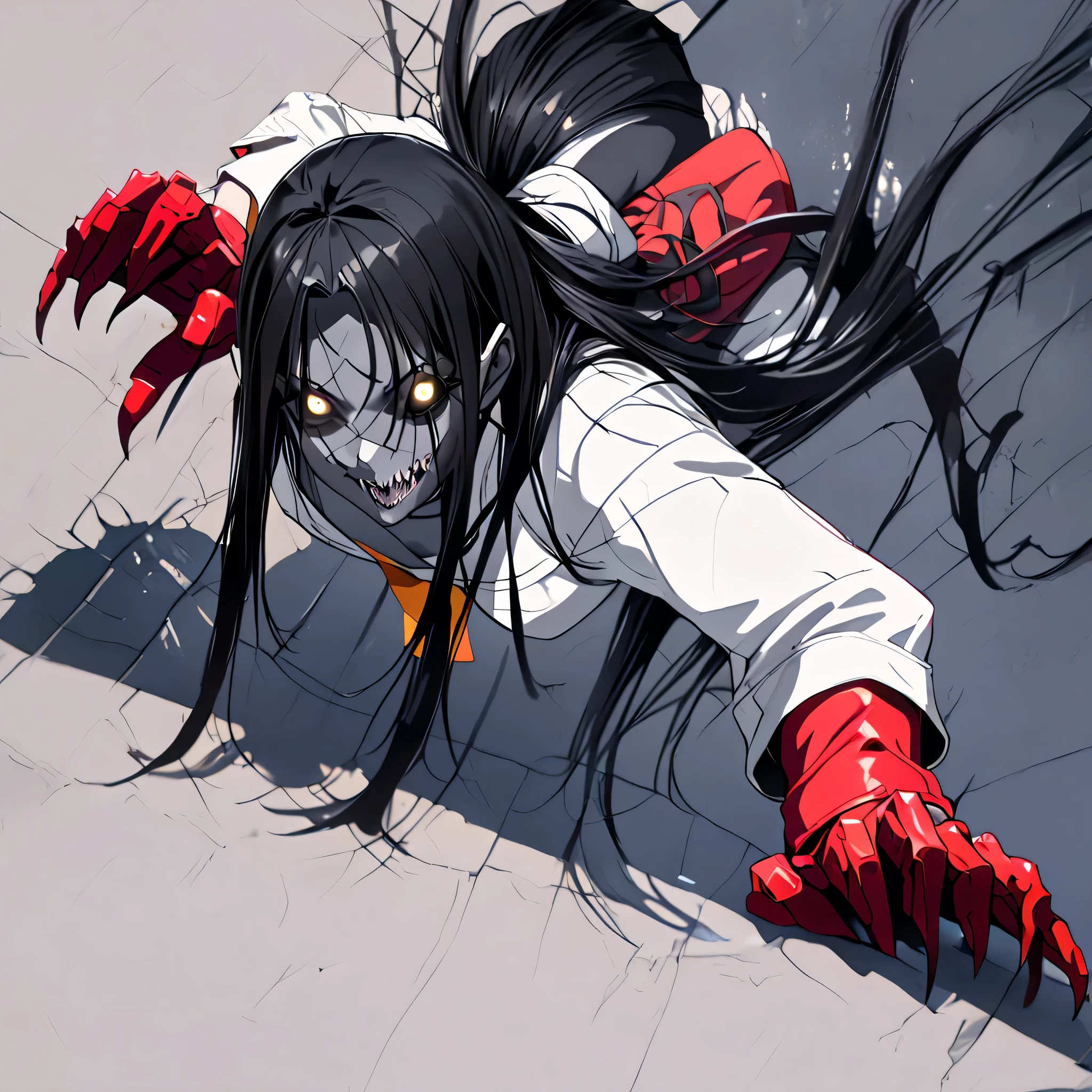 anime, (masterpiece), (best quality), (ultra-detailed), (best illustration), (best shadow), (absurdres), (detailed background), (very aesthetic), shiny, detailed beautiful eyes, outstanding, countershading, detailed soft lighting, an exquisite animation illustration, 1girl, solo, anheang, Dollsuit, thighthigh, dark persona, empty eyes, expressionless, blank eyes, looking at viewer, red gloves, yellow necktie, full body, emotionless, Fighting Stance, hair ornament, submissive pose, seductive pose, Hisako, grey skin, black hair, white eyes, glowing eyes, large breast, huge breast, long straight hair, sharp teeth, black sclera, face scars, body scars, scars, hair over one eye, horror \(theme\), (((all fours, crawl, crawling, looking from above, from above, view from above, japanese background, horror \(theme\),)))