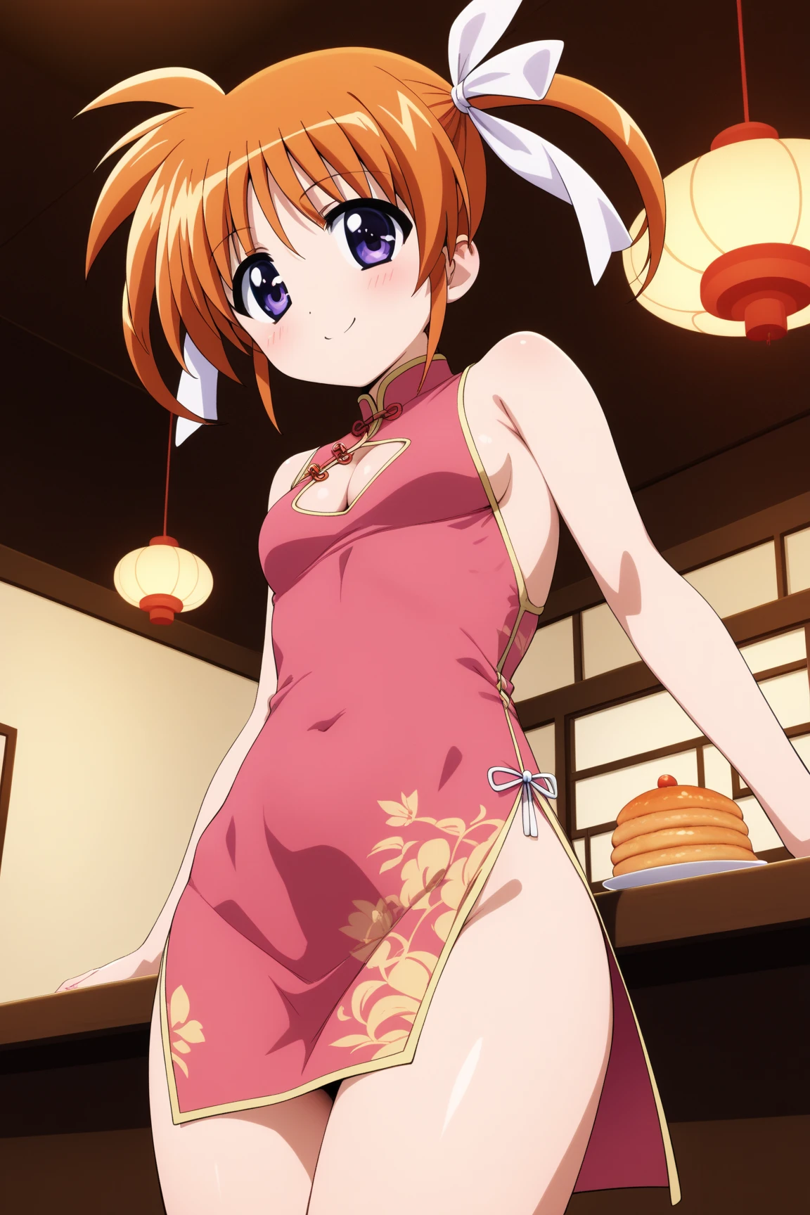 Hoshizora rin, yellow eyes, orange hair,playboy bunny leotard , standing , cowboy shot , smile 