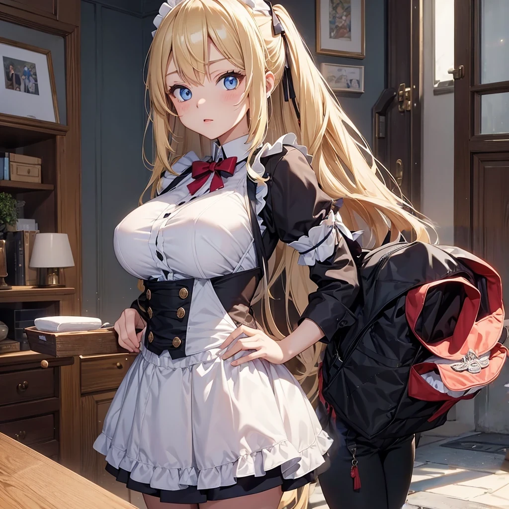 ((highest quality、High resolution、masterpiece))、(((2girls))), Portrait、A beautiful woman、Perfect body、Beautiful ample breasts、Long blonde、Maid、No panties、Embarrassed、((She lifts her skirt to show her pussy))、Love juice