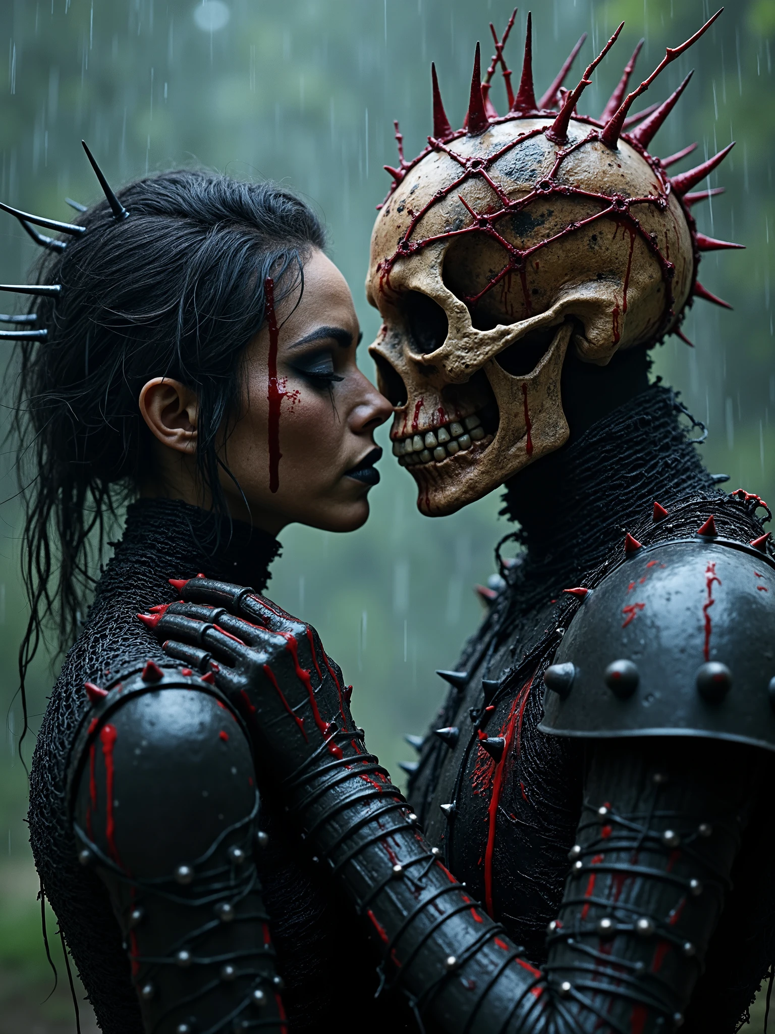 Beautiful Female cosmic entity,spiky bone crown,half skull half face rotted,barb wire wrapped around her,spilled with red and black fluid,dark makeup,dark surrealism,dark realistic photography, dark occult art,melancholic dark art, surreal dark art,realistic look,chainmail armour and spikes,rain pouring,in embrace with her male god