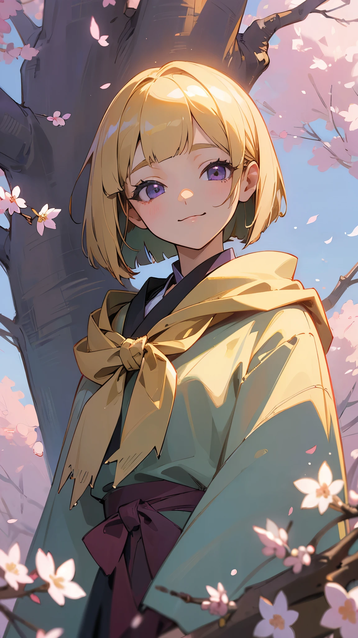 (( Masterpiece))、(( top quality))、( super detailed)、( pro pics)、( anime style painting:1.3)、 girl、 standing、poncho、 Gold、 no bangs 、 bob cut、 Straight Hair、 purple eyes、 droopy eyes 、 evil smile、 upper body close-up 、cherry blossom street tree background 、 sharp outline