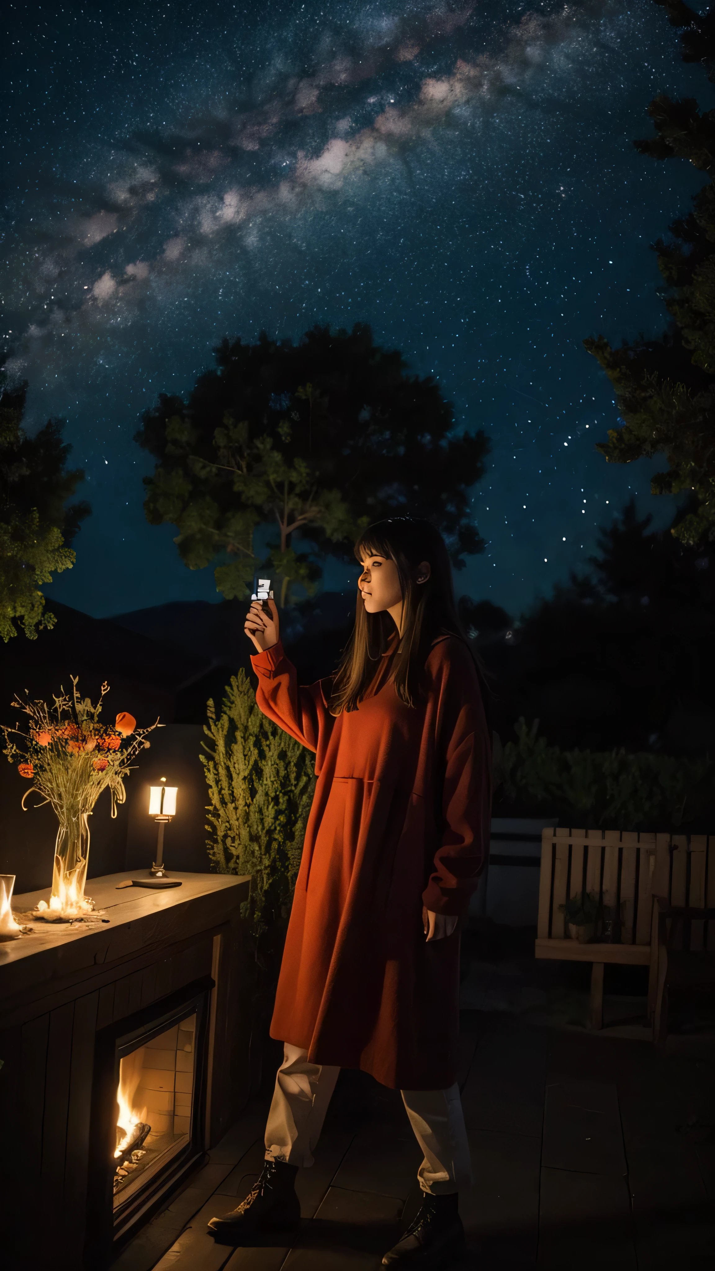  in high definition、sound楽フェスティバル.   orange, red, Bonfire, 4K, Illuminated, holyarry Night, holy.  John Brazilian, people々Dances , sound, sound楽バンド、Park lawn、Night sky where you can see the Milky Way galaxy。