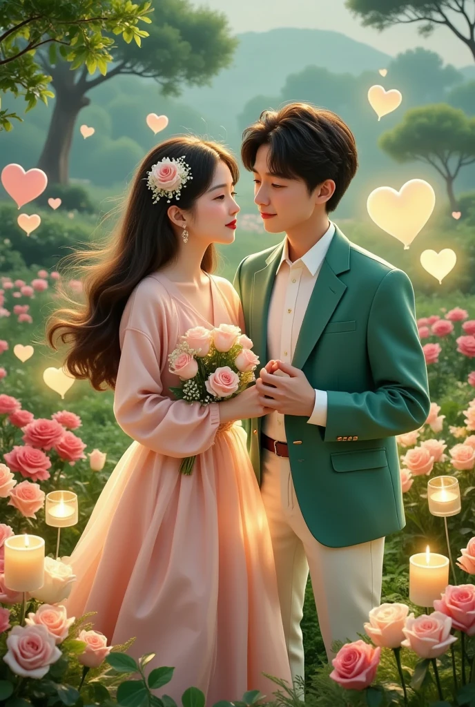 Sharing a romantic dance , Valentine's Day,一对情侣在迷人的garden中心跳浪漫的舞蹈. The scene is illuminated by floating candles and lanterns , projects a warm , softly. garden , From the delicate petals of flowers to the lush green leaves , The intricate details are presented in amazing 8K resolution . The couple, Lost in your arms , radiates a deep sense of love and connection . The atmosphere is full of magical and dreamy quality , The surrounding environment is enhanced by soft light and serene beauty .