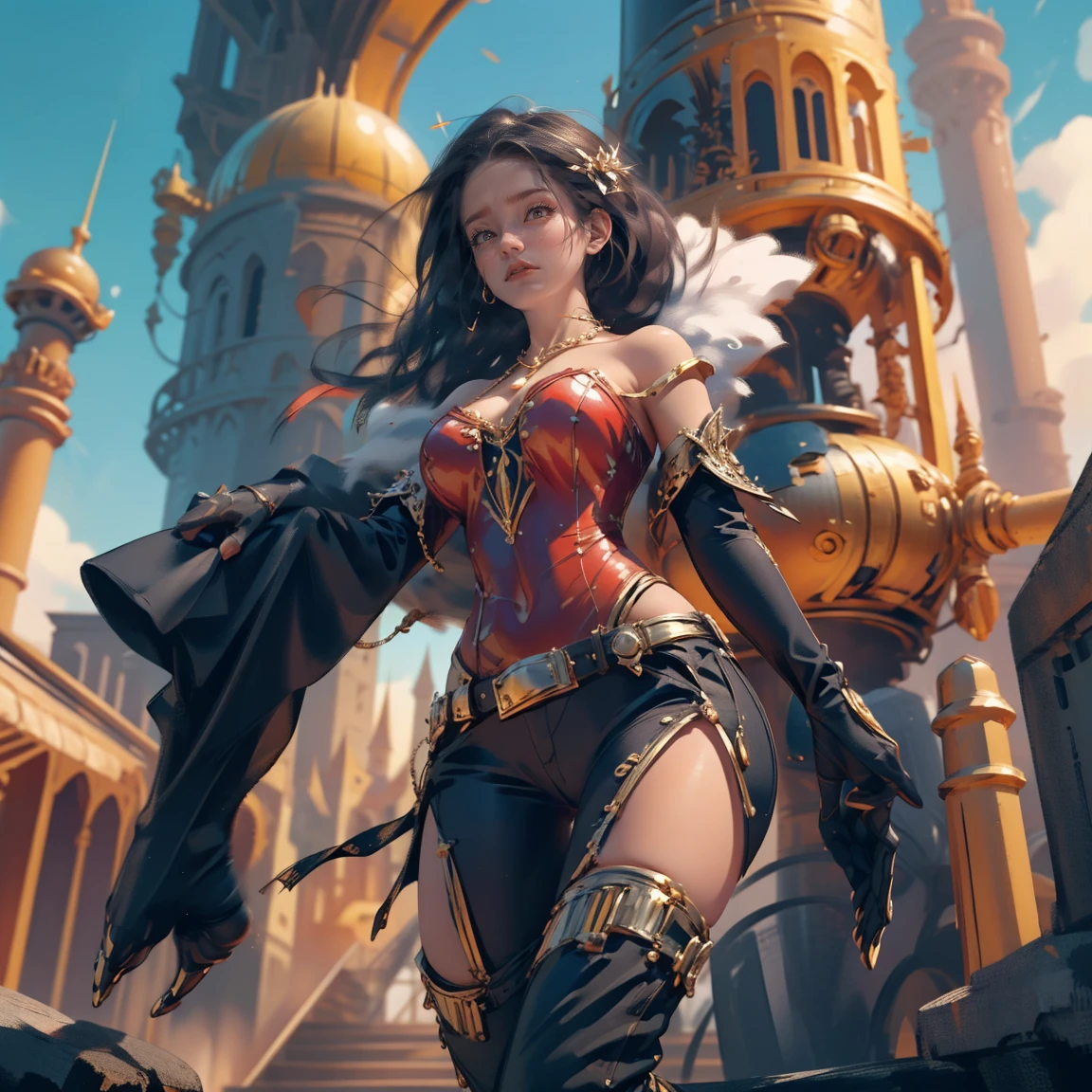 a woman (Adriana Lima :1.1) red lips, green eyes in a red dress is standing on a balcony with a balloon, artgerm julie bell beeple, fantasy victorian art, steampunk fantasy style, mohrbacher, fantasy style art, detailed steampunk illustration, victorian steampunk city vista, in a steampunk distopian city, in steampunk cityscape, steampunk beautiful anime woman, magic and steam - punk inspired