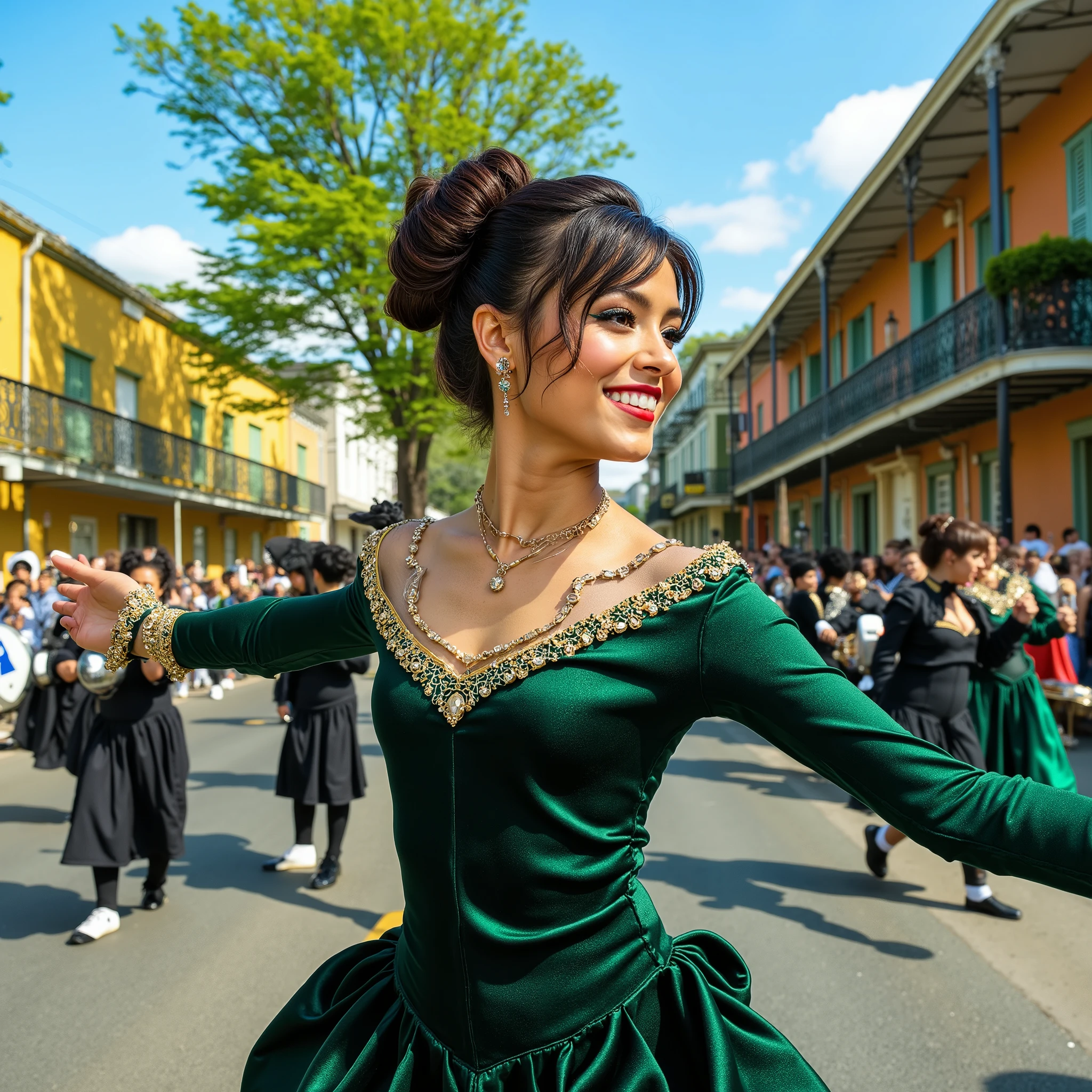 A professional photograph of a young woman performing in a marching band parade. She has a toned and elegant physique, with warm brown skin and expressive dark eyes. Her dark brown hair is styled in an elaborate updo with structured curls, complementing her poised and confident expression. She wears a deep emerald green long-sleeved performance dress with a flared skirt. The dress features a transparent illusion neckline adorned with intricate gold embroidery and shimmering gemstones, creating a regal and sophisticated appearance. She accessorizes with delicate dangling earrings and a fine gold necklace. Her pose is graceful, with one arm extended and the other slightly bent, as if mid-performance, her body slightly turned to the side while maintaining a joyful and focused gaze. The background captures a lively parade scene in a city reminiscent of New Orleans, with colorful colonial-style houses featuring ornate balconies, vibrant facades, and lush green trees lining the streets. The sky is a brilliant shade of blue, enhancing the festive atmosphere. Sunlight filters through the trees, casting natural, warm highlights that accentuate the model’s outfit and the golden details of her dress. The hyper-realistic image showcases exceptional detail, with crisp textures, a cinematic depth of field, and dynamic motion, capturing an exhilarating moment in the parade. The image conveys a sense of celebration, energy, and artistic elegance