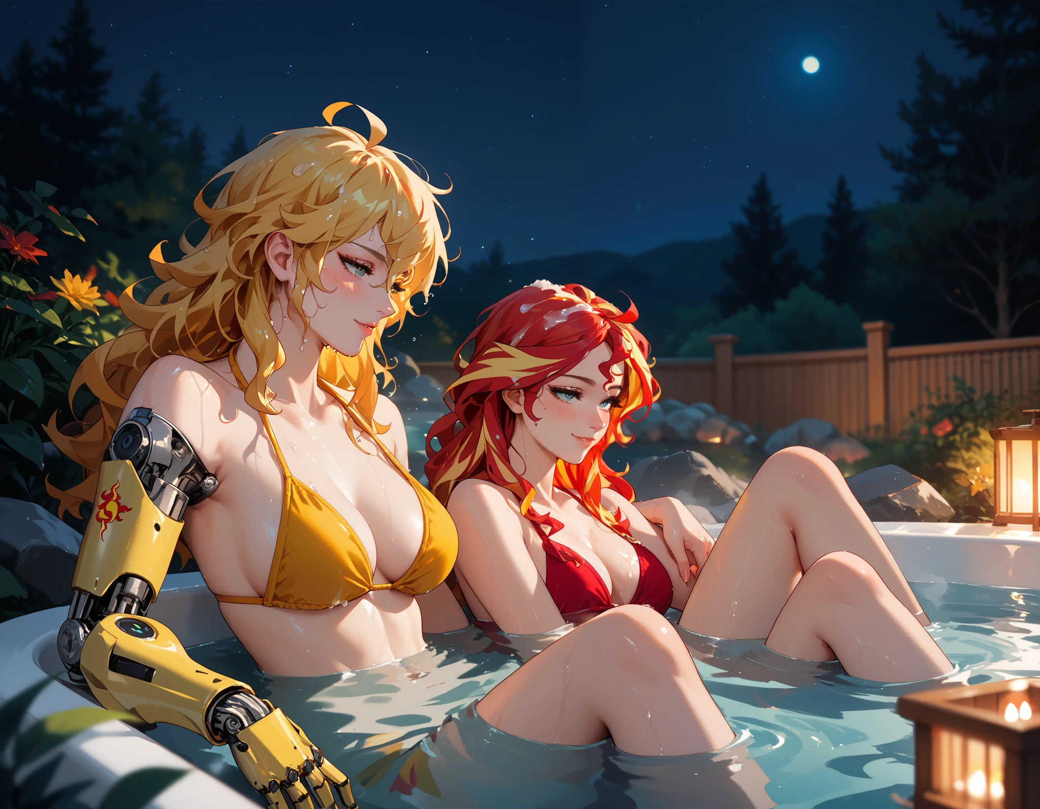 2girls, Sunset Shimmer (red bikini, wet hair, bedroom eyes), Yang Xiao Long (prosthetic arm, yellow bikini, blushing) looking at each other, sitting in a hot tub, outdoor hot tub, night, romantic, night-time