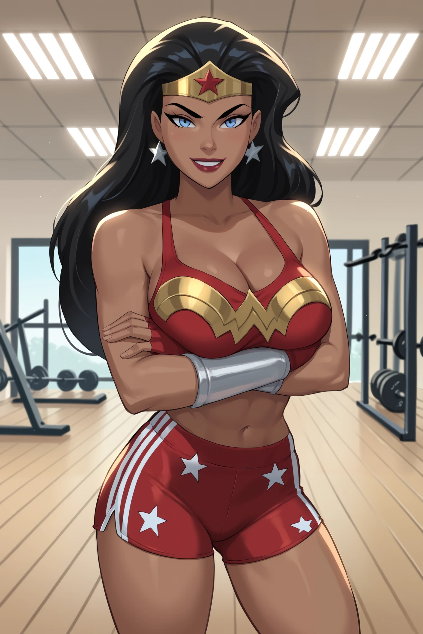 PonyXLV6_Scores BREAK ((parody), perfect anatomy, perfect eyes, cowboy shot), BREAK diana prince, long hair, black hair, blue eyes, lipstick, dark-skinned female, ((looking at viewer)), bare shoulders, cleavage, red-orange racerback bra, red-orange workout shorts, tiara, jewelry, star earrings, star print, large breasts, curvy, toned, athletic, red-orange fingerless gloves, indoors, smiling, gym, arms folded
