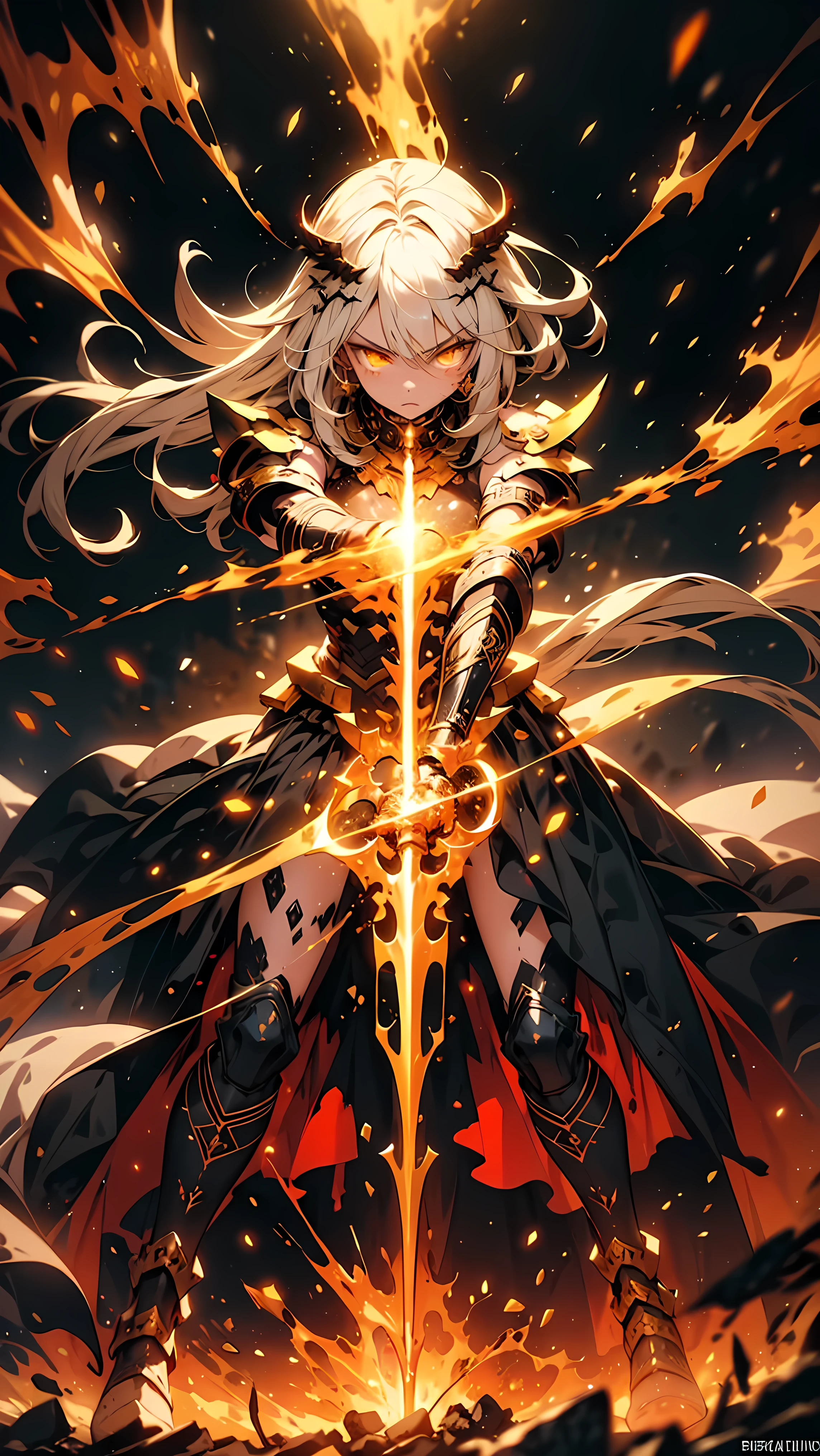 " A warrior with long white hair , messed up by the wind, and intense yellow eyes . Your body is strong and toned,  but covered by an imposing stylized Spartan armor , black with gold details.  She holds a Spartan spear firmly on an ancient battlefield,  surrounded by dust and blood splashes .  Her determined and fierce expression reflects the intensity of the combat .  warm lighting ,  dust particles in the air , Full body wide viewing angle.  realistic style ,  8k uhd,  with cinematic grain ."