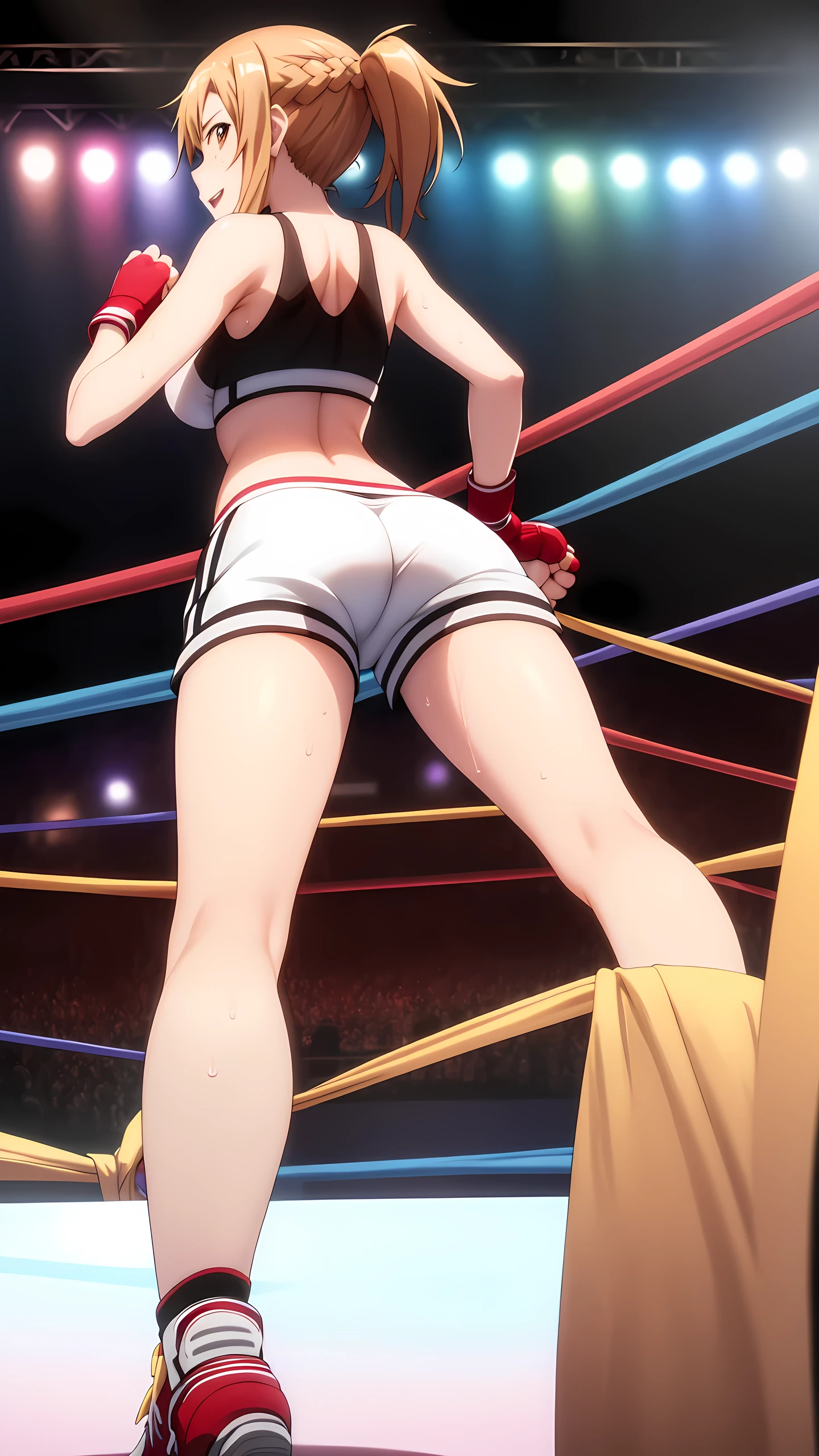 Alicization Anime Style Asuna \(star\), One person, Asymmetrical bangs, Braiding, Brown eyes, Brown Hair, Separate Sportswear, bikini, Hair between the eyes, Bright light, Long Hair, Short Ponytail, boxingリング, grinning, alone, Full Body Shot, ((masterpiece)),from below,(boxing,Match), Martial Arts,boxingグローブ,