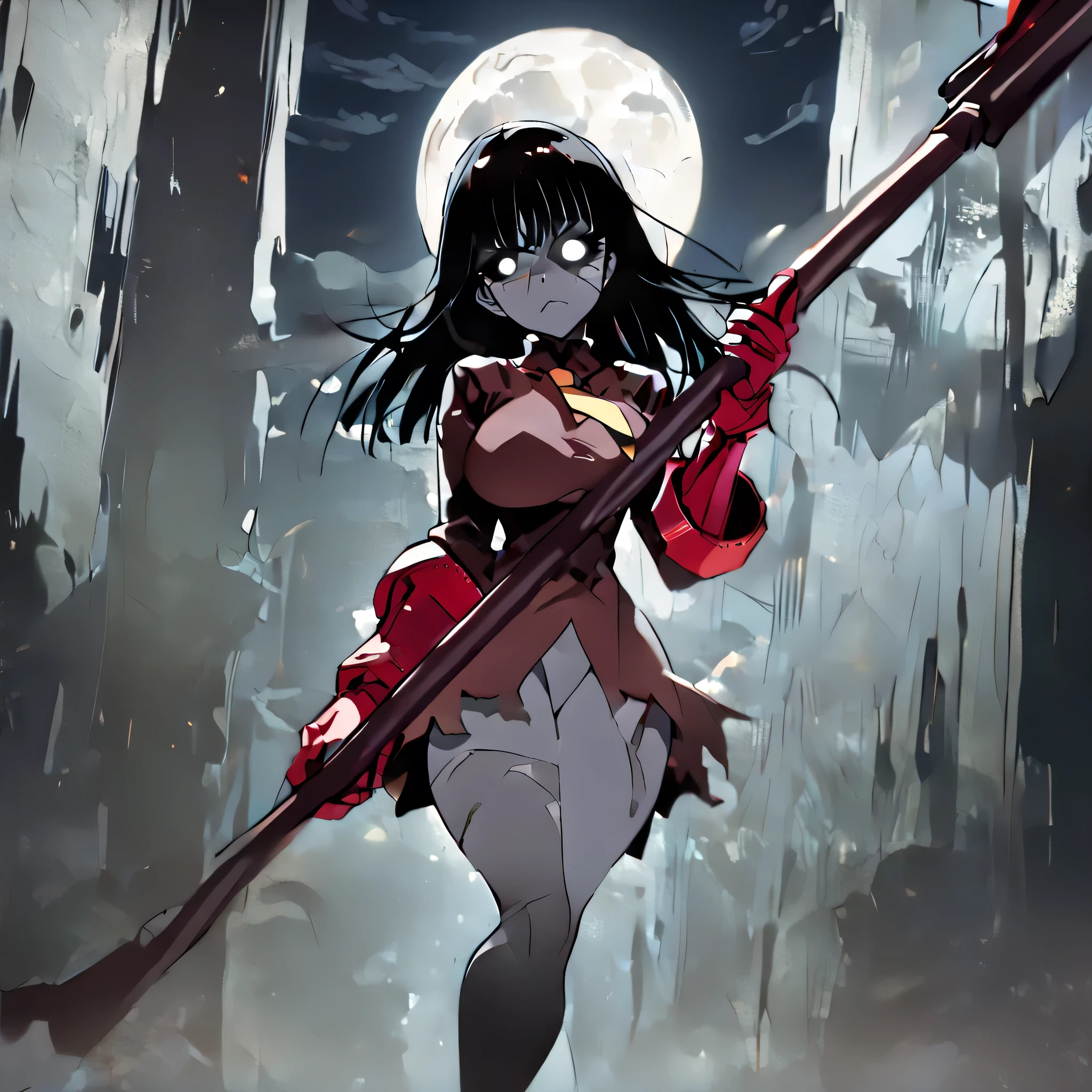 anime, (masterpiece), (best quality), (ultra-detailed), (best illustration), (best shadow), (absurdres), (detailed background), (very aesthetic), shiny, detailed beautiful eyes, outstanding, countershading, detailed soft lighting, an exquisite animation illustration, 1girl, solo, anheang, Dollsuit, thighthigh, dark persona, empty eyes, expressionless, blank eyes, looking at viewer, red gloves, yellow necktie, full body, emotionless, Fighting Stance, hair ornament, submissive pose, seductive pose, Hisako, grey skin, black hair, white eyes, glowing eyes, large breast, huge breast, long straight hair, sharp teeth, black sclera, face scars, body scars, scars, hair over one eye, (((horror \(theme\), polearm , holding polearm, weapon, moon, night)))