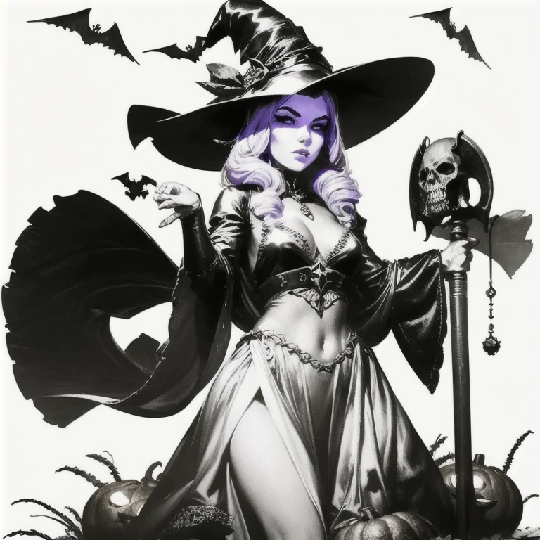 /imagine prompt: Illustration of a witch girl, in a big witch's hat, With an evil look, Amulet around the neck, beautiful breasts, dressless, dark-skin, White hair sticker with black background, In bold, jagged edges, Trashkor, Light shading --V 5.2