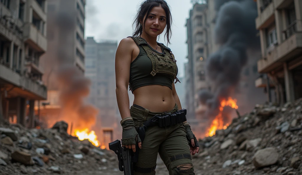a woman in a military uniform, athletic build, large breasts, white skin, european, war, (best quality,4k,8k,highres,masterpiece:1.2),ultra-detailed,(realistic,photorealistic,photo-realistic:1.37),highly detailed face, beautiful detailed eyes, beautiful detailed lips, extremely detailed eyes and face, long eyelashes, muscular body, powerful stance, dynamic pose, gritty war-torn environment, desaturated color palette, harsh shadows, dramatic lighting