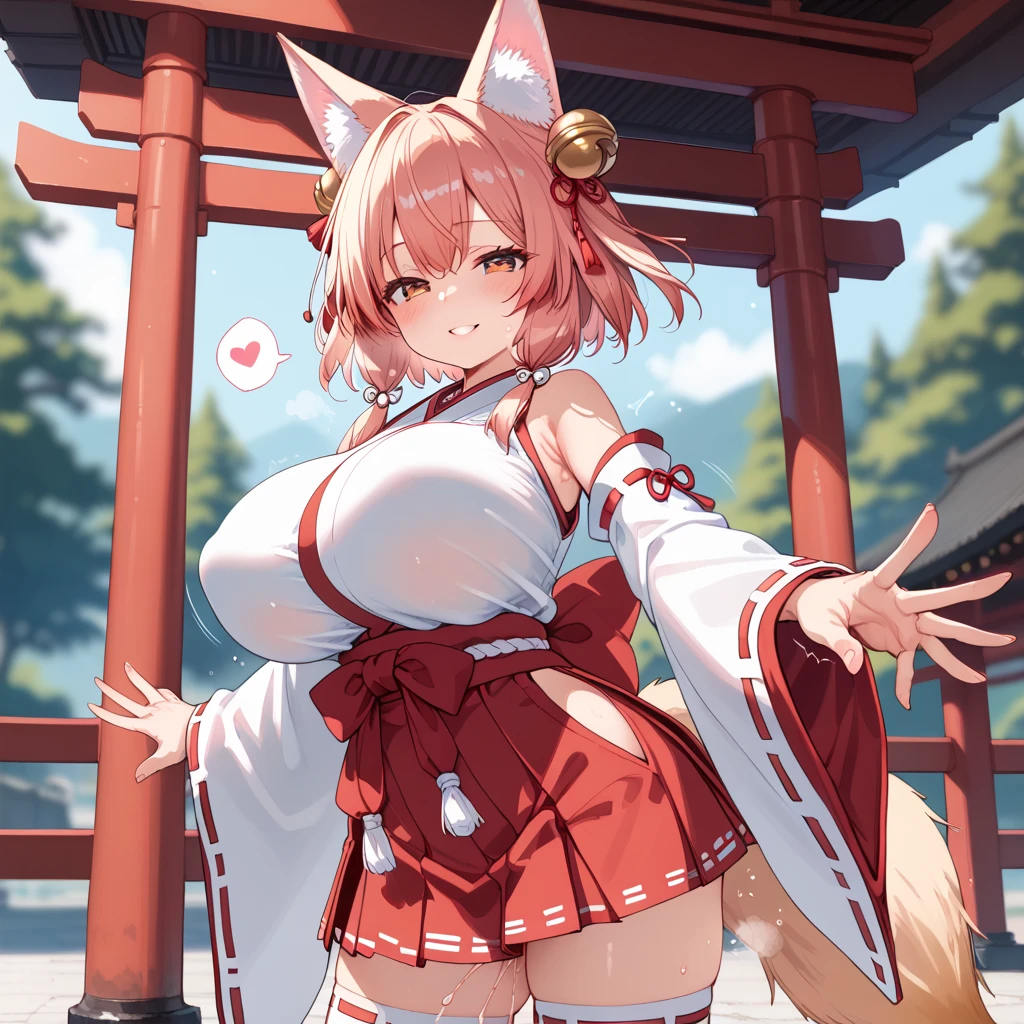 china dress, stocking, female furry mini cute style, holo a wolf girl, girl in a string bikini with a fox tail, female furry mini cute style, holo a wolf girl, realistic bikini, furry brown body, holo if a wolf girl, furry, fox tail, swimsuit, furry art!!!, small curvy , Camel toe very obvious, The nipple contour pronounced, pubes, fishnet stockings wrap the thighs, absurdly long hair, erotic, Sci-fi, (huge breast), beautiful clothes , Lace, lace trims, lace clothing, lace clothing, pubes, thick thighs, beautiful face, short skirt, Fox Woman、body covered with fur、huge-breasted、kawaii、shrine maiden、Japan white clothes,Red Hakama、torii gate,summer day、From below、Wide Shot、Very Wide Shot、A big smile