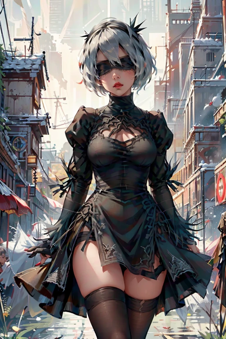 ((best qualityer)), ((work of art)), (very detailled:1.3), 2B in the ruins of a city in the forgotten war, Ancient Technology, Nier-Automata, standing, fully body, battle pose, photographic essay, elsword, busty body, ideal body, Outfit 2b black dress, facefocus, Looking at the sky, hdr (high-range dynamics), ray tracing, nvidia RTX, super resolution, Irreal 5, underground dispersal, PBR Texture, Post-processing, Anisotropic filtering, Depth of field, Maximum sharpness and sharpness, multi-layered texture, albedo and highlight maps, Surface shading, Accurate simulation of interactions between light materials, perfect proportions, octane rendering, duotone lighting, Low ISO, White balance, rule of thirds, large aperture, 8K CRU, efficient sub-pixels, subpixel convolution, Luminescent particles, light scattering, Tyndall effect