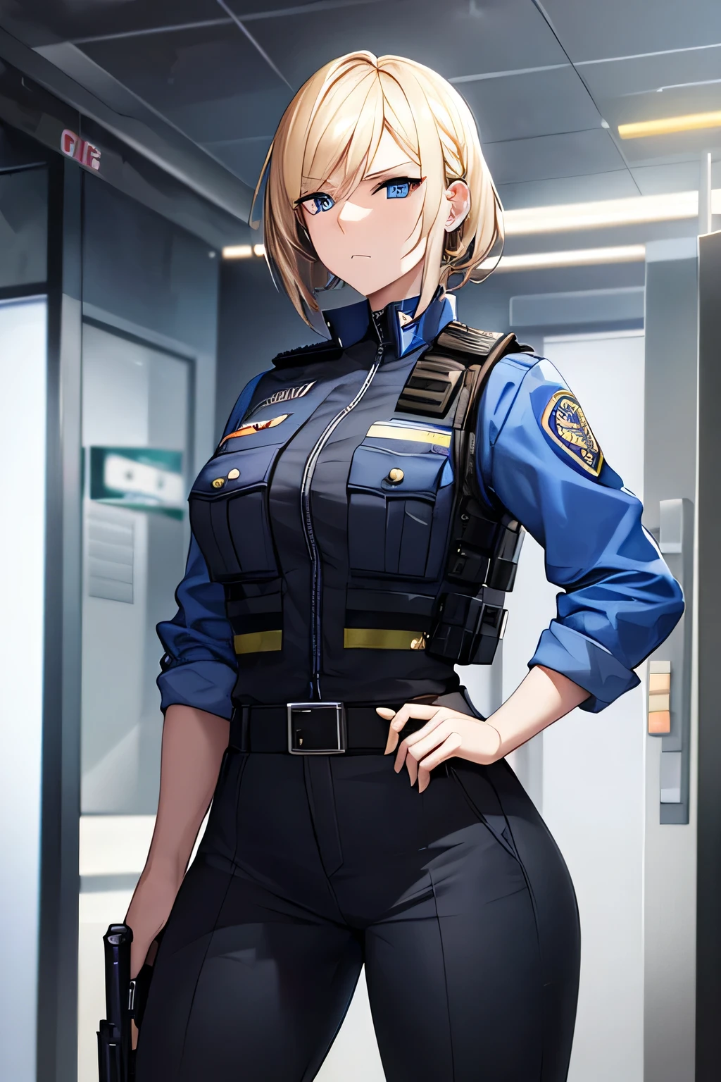 A brave and confident female police officer standing in a modern urban environment, wearing a blue police uniform with a bulletproof vest, holding a handgun in a professional stance. She has asymmetrical blonde lob hair and piercing blue eyes, with a determined expression. The background shows a gritty subway station with dim lighting. Highly detailed, cinematic lighting, ultra-realistic textures, 4K resolution, photorealistic rendering, artstation quality.