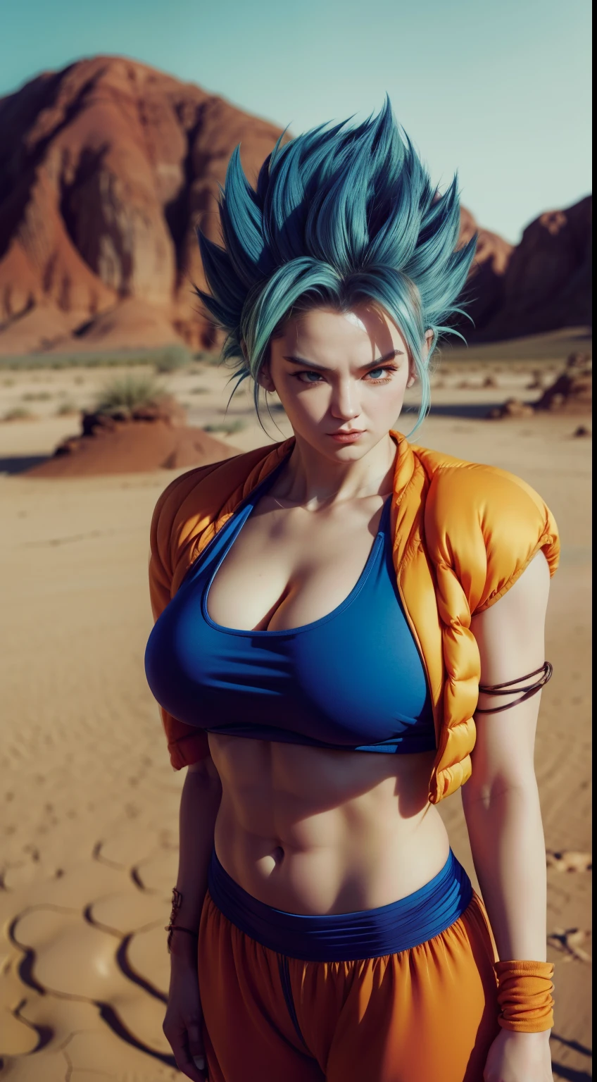 Super Saiyan Sexy Big Breasts Naked Athletic Body , blue hair, orange pants and orange jersey in the desert with undergrowth, A woman ki from Super Sayajin