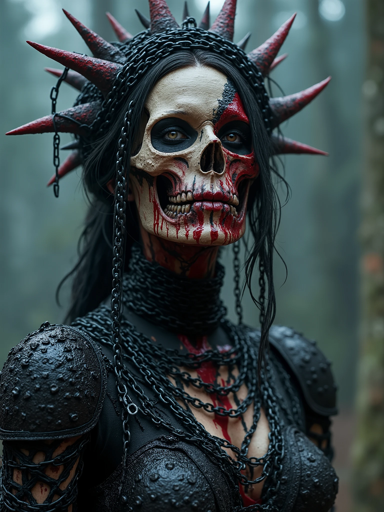 Beautiful Female cosmic entity, chain crown,half skull half face rotted, chains wrapped around her,spilled with red and black fluid,dark makeup,dark surrealism,dark realistic photography, dark occult art,melancholic dark art, surreal dark art,realistic look,chainmail armour and spikes,cenobite in hell with chains and hooks attached form the jagged mountain to her 