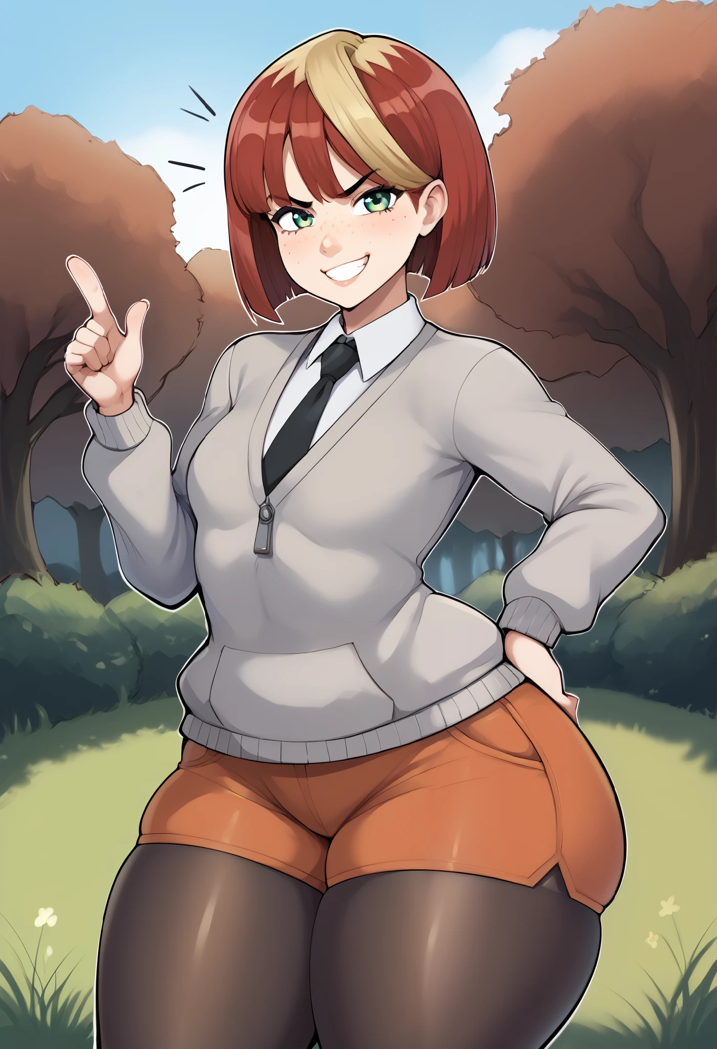 score_9, score_8_up, score_7_up, skindentation, source_anime, realistic, deep skin, high quality, highres, (athletic body), ((curvy)), (((wide hips))),, ((thick thighs)) ((cute)), , ((sexy)), small breasts, 1girl, MelaPKMN, two-toned hair, grey sweater, orange shorts, orange necktie, green eyes, bob cut, red hair, freckles, black pantyhose, tsundere, solo, smile, outside