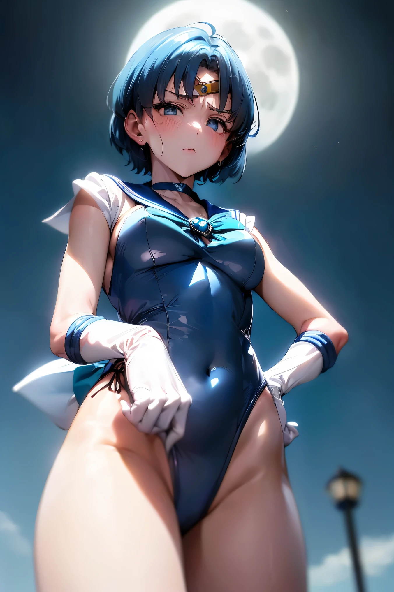 masutepiece, Best Quality, 1girl in, (Sailor Mercury),lightblue hair, (black eyes:1.2),((Upper body naked))、((bontage))、((embarassed expression))、((fullmoon))、((Photo from below))、(((thigh high boots)))、((Short Hair Hair))、((Black Long Gloves))、((open one's legs))、((Black panties))、((tiarra))、((Medium))